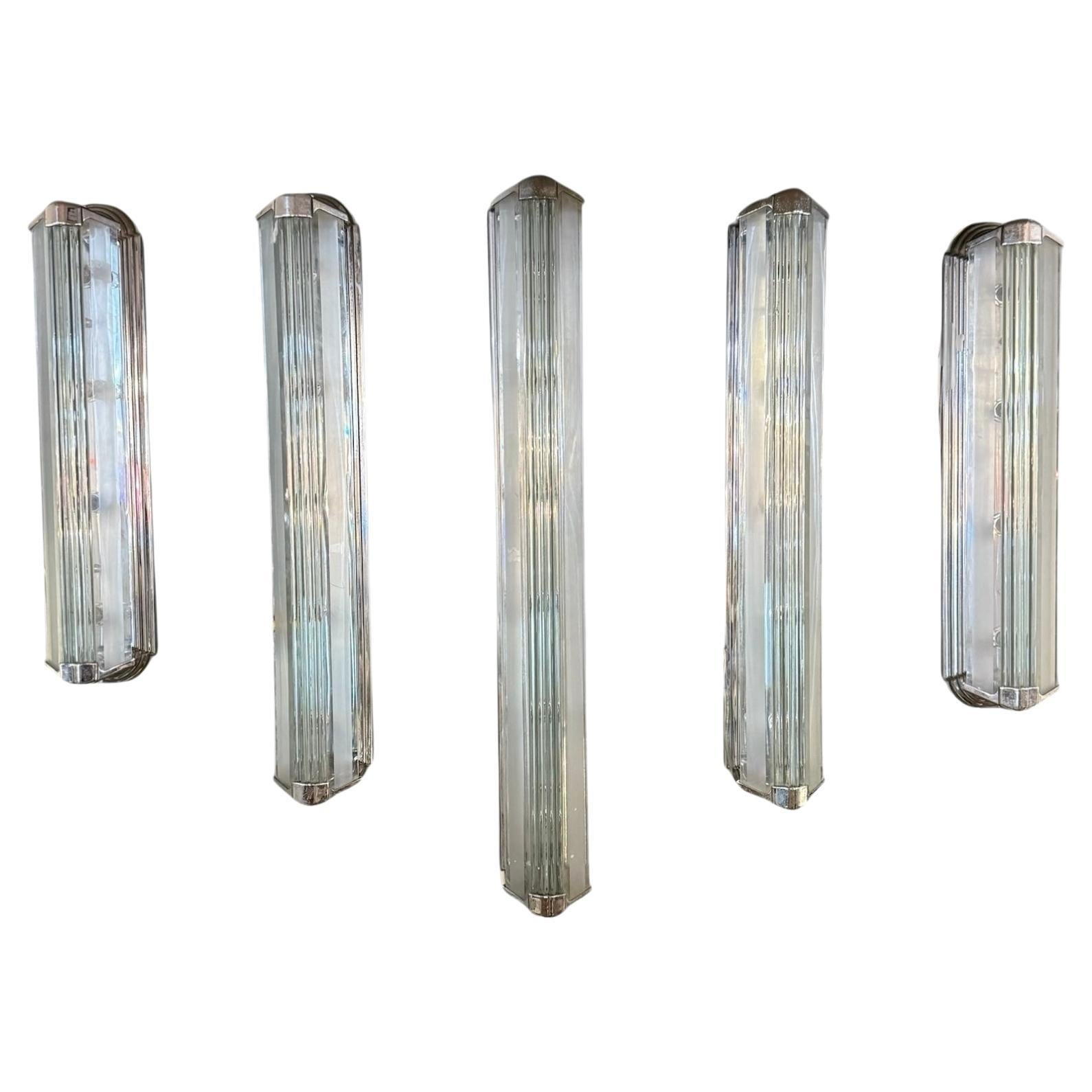 Set of 5 Original Art Nouveau Chrome Cut Glass Sconces