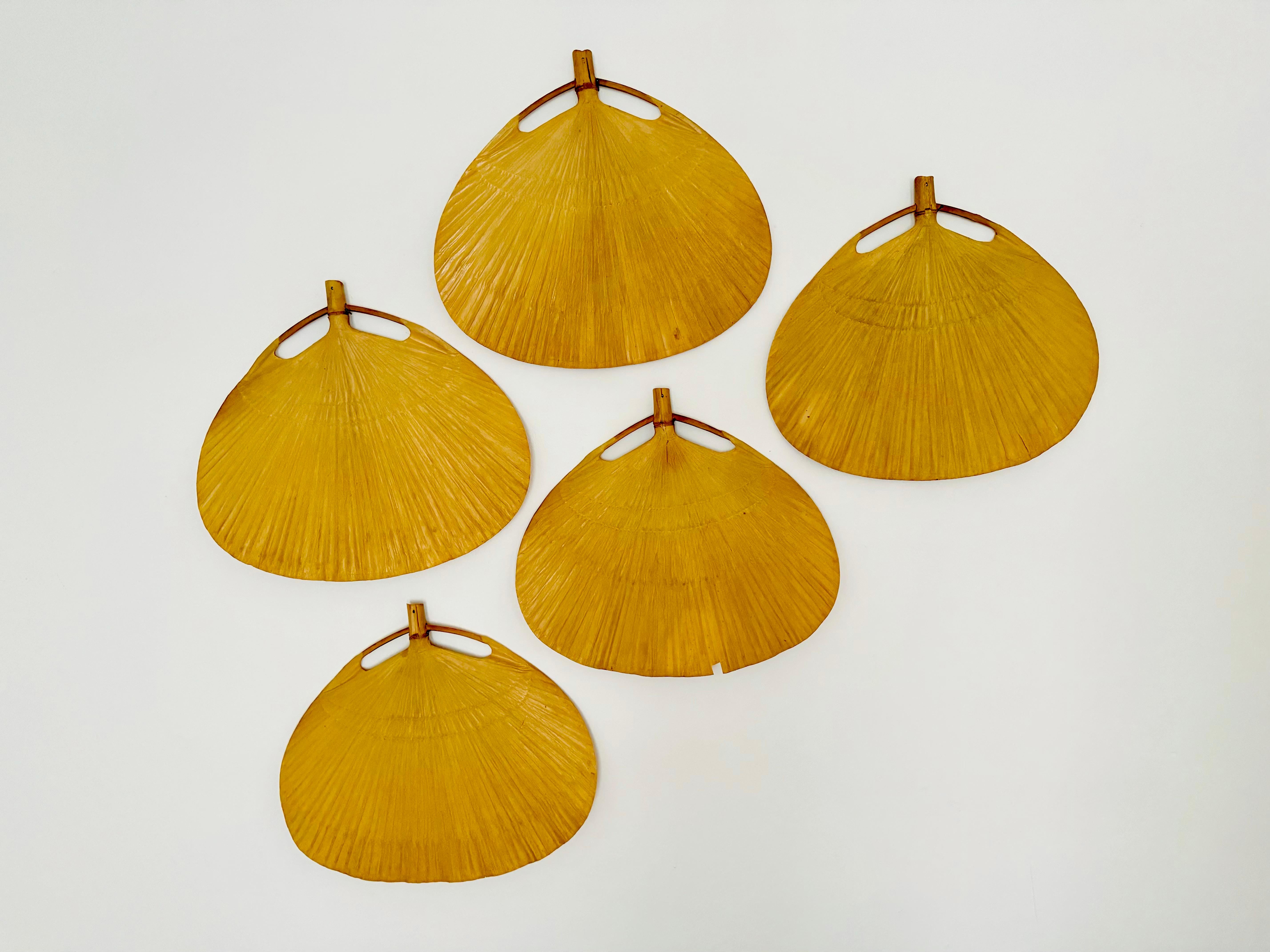 Set composto da 5 scomparti originali per la lampada a sospensione Uchiwa di Ingo Maurer.
Un ventilatore è molto ben conservato.
Tutti gli scomparti sono belli dall'esterno e in gran parte privi di macchie.
Un fan ha un'epidemia.
4 scomparti