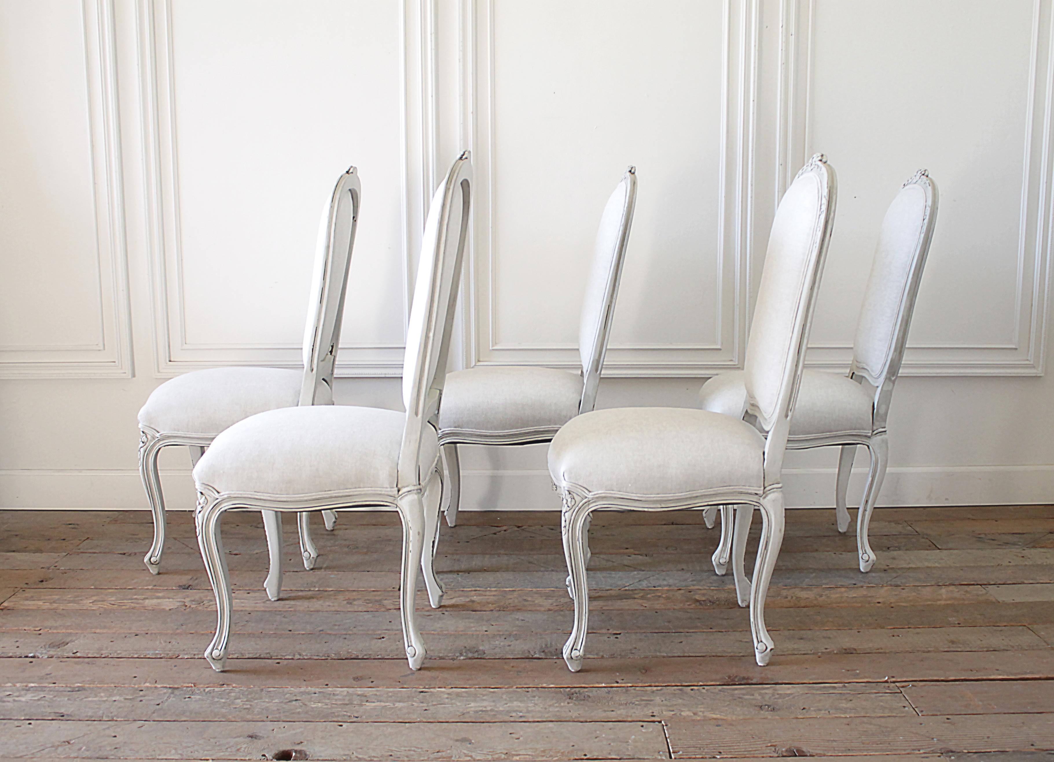 Louis XV Set of 5 Painted and Upholstered Dining Room Chairs in Belgian Linen