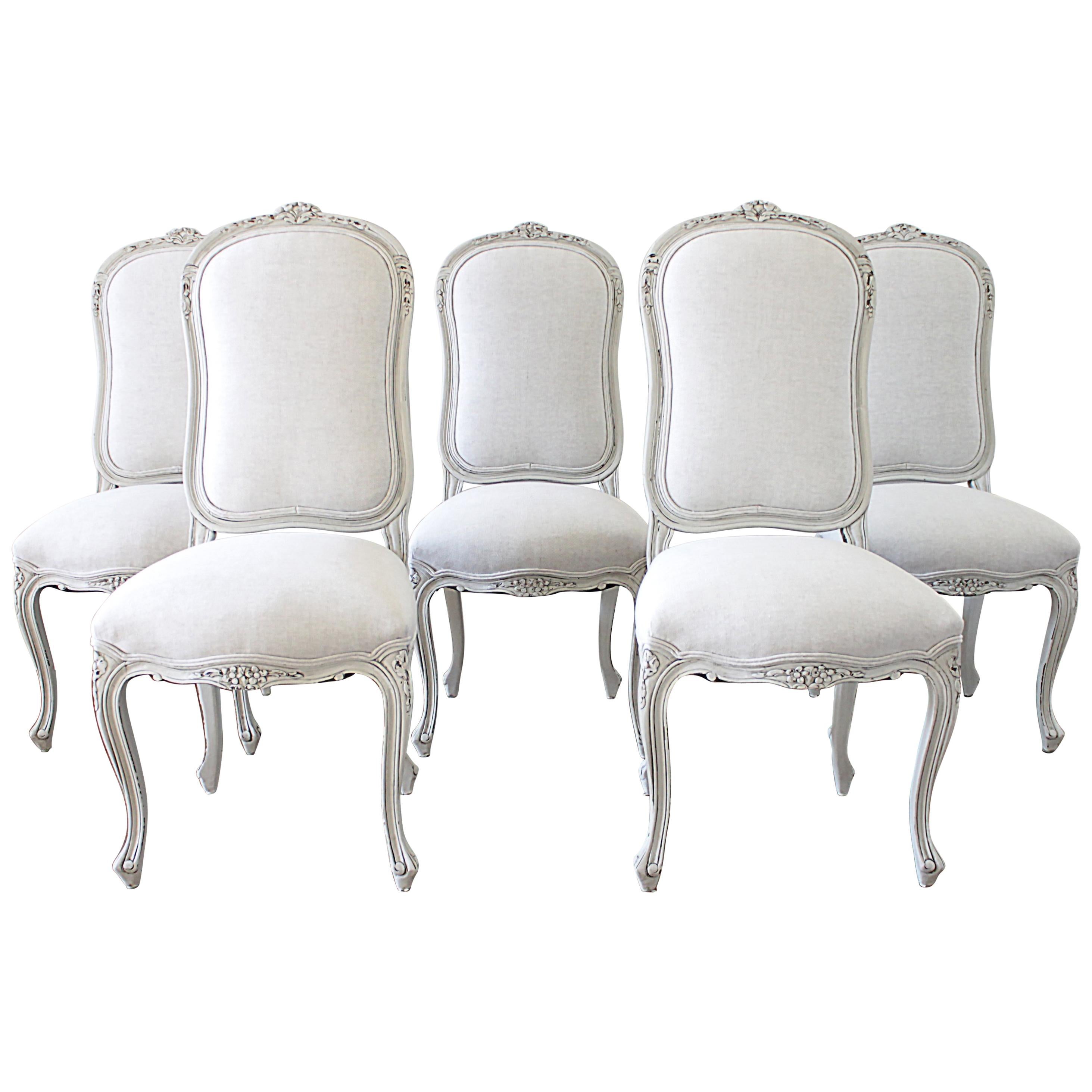 Set of 5 Painted and Upholstered Dining Room Chairs in Belgian Linen