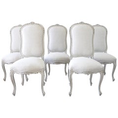 Set of 5 Painted and Upholstered Dining Room Chairs in Belgian Linen
