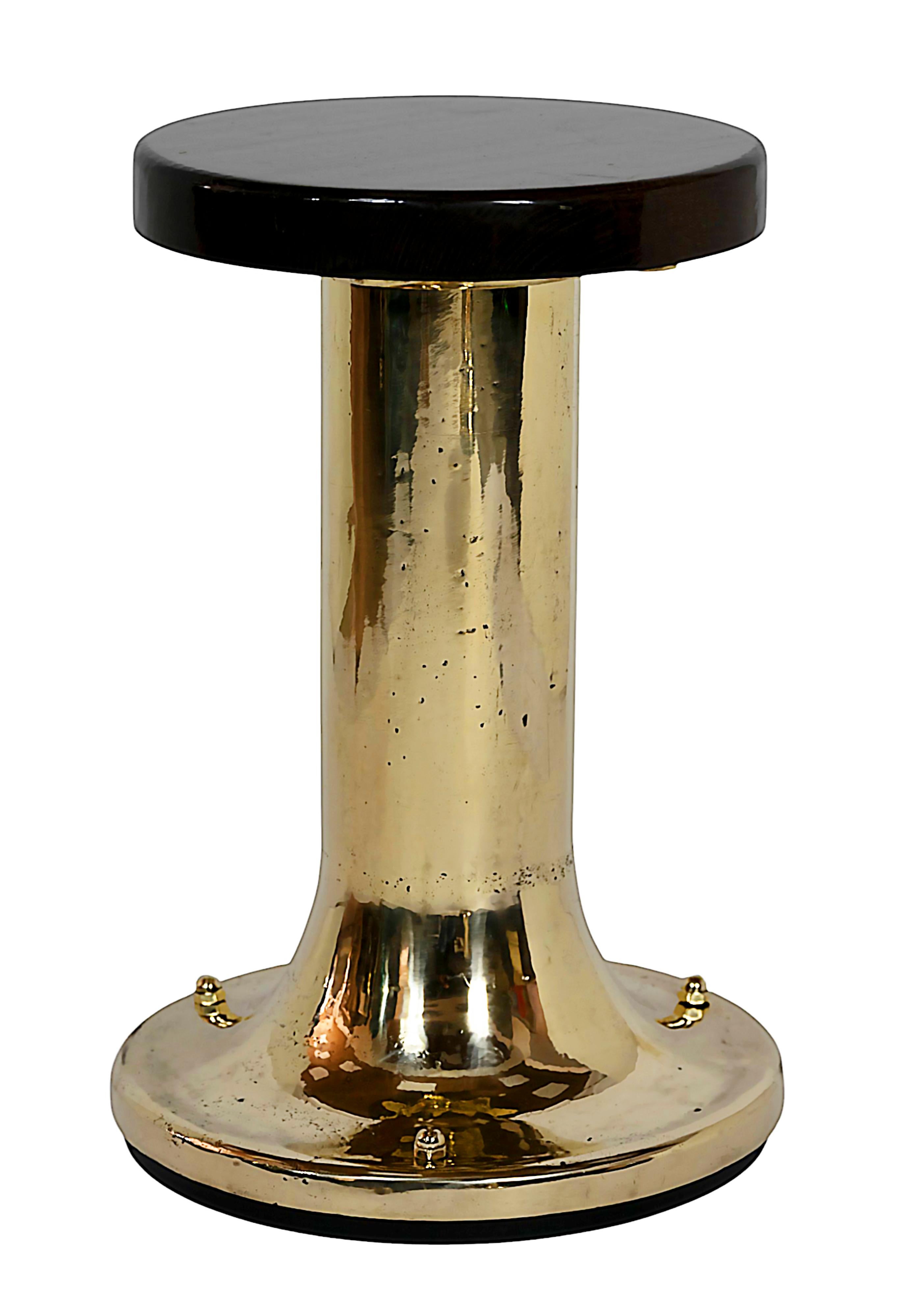 Set of 5 pcs. vintage Italian yacht low stools.
The stools are made in brass and wood base and seats in varnished brown color.
Each stool weights about 15,20 kg.
Very good vintage condition.
 