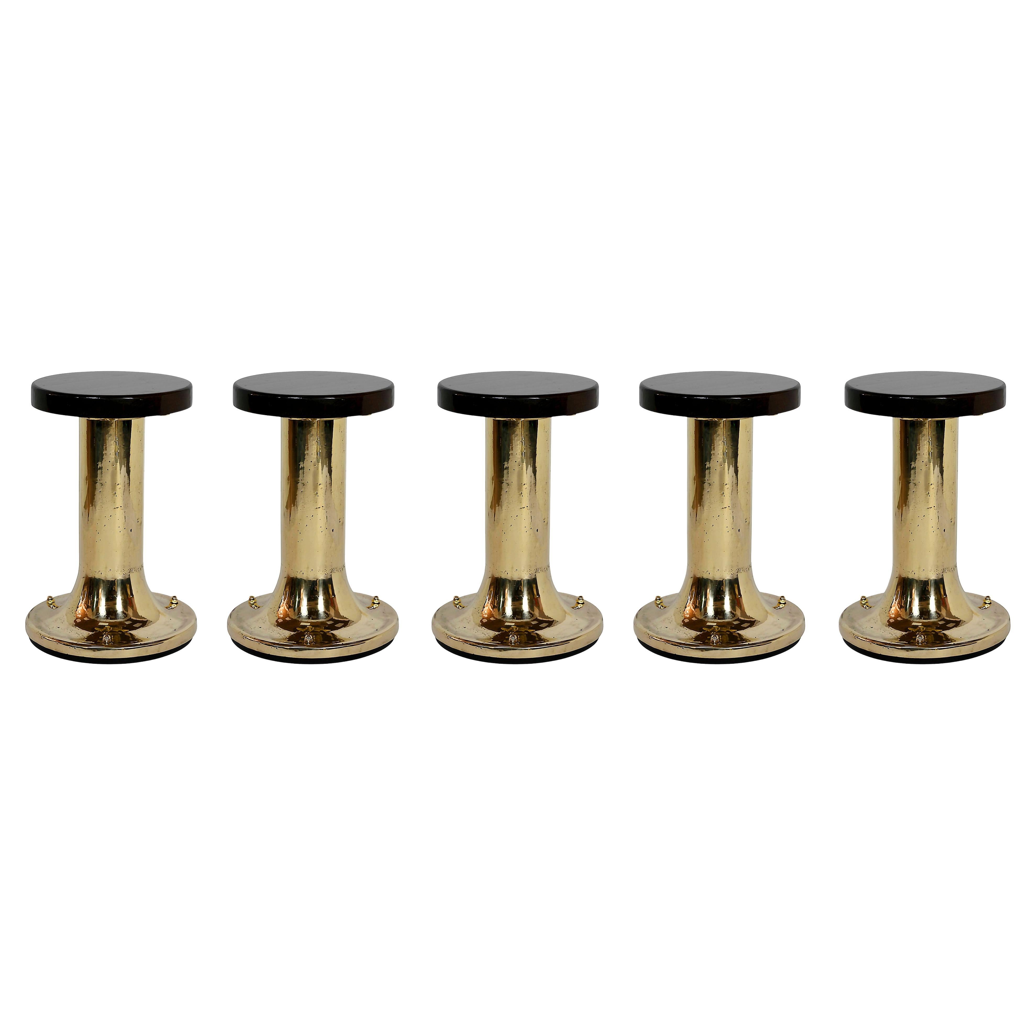 Set of 5 Pcs. Mid-Century Italian Brass And Wood Yacht Low Stools/Chairs For Sale