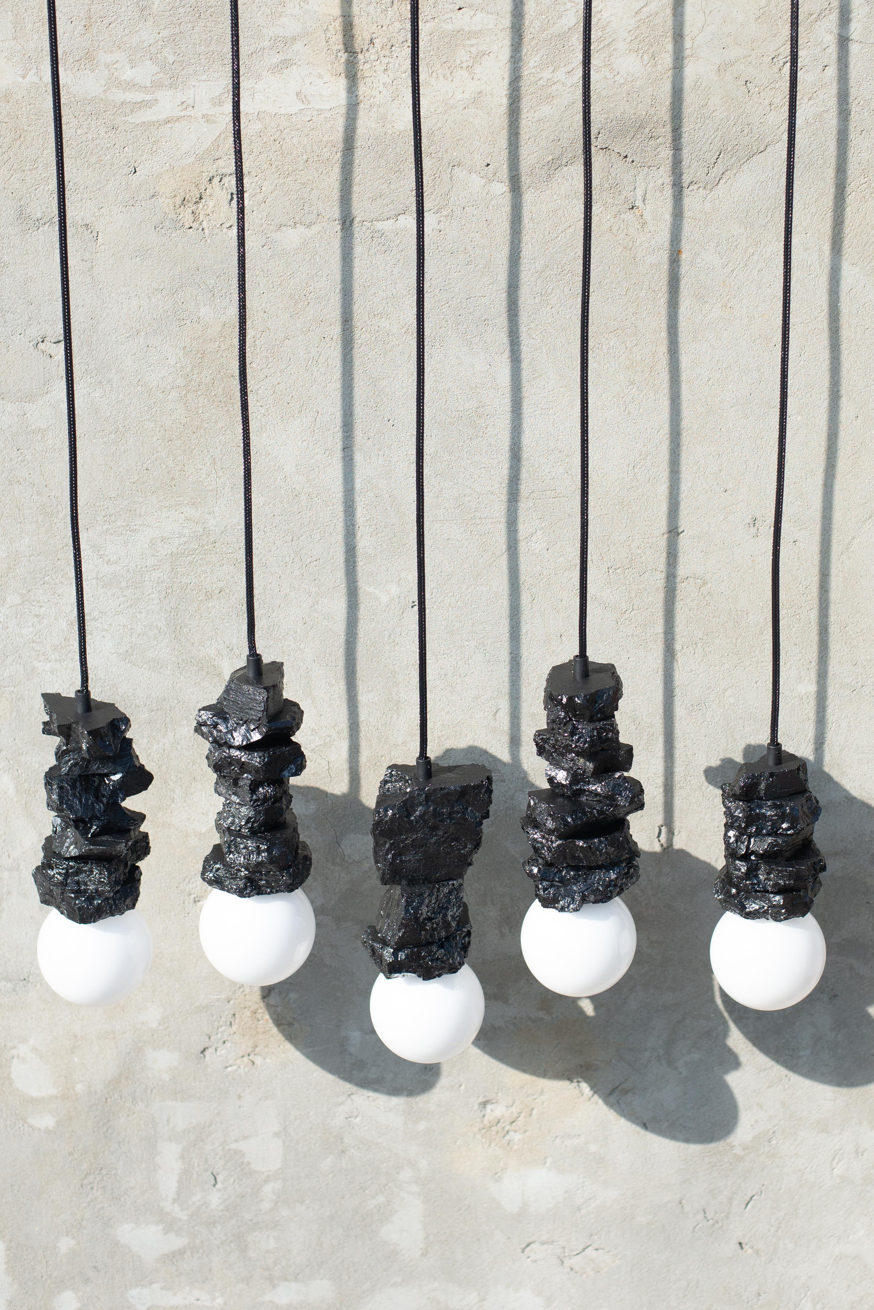 Set of 5 pendant lights 020 by Jesper Eriksson
Dimensions: D20 x H40 cm 
Materials: Anthracite Coal, Opal Glass
Weight: 5 kg

All our lamps can be wired according to each country. If sold to the USA it will be wired for the USA for