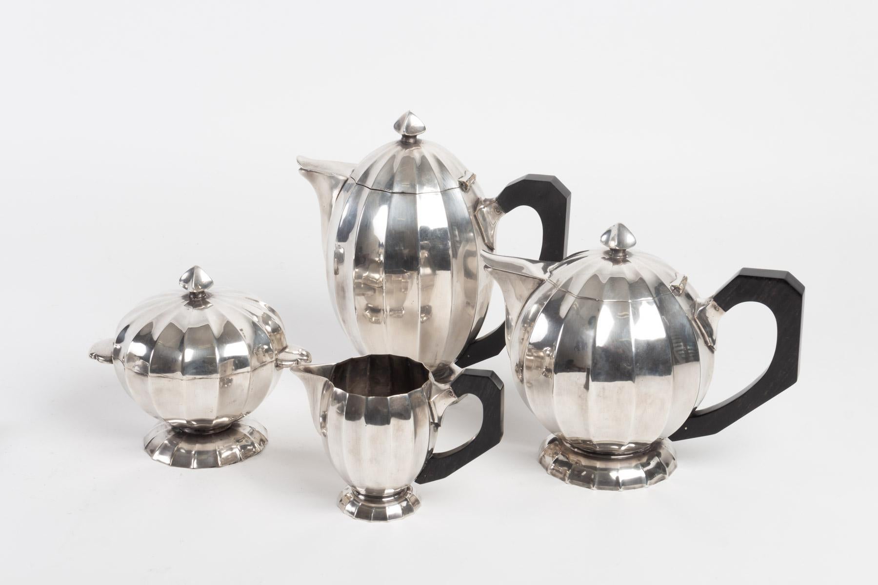 Set of 5 pieces, coffee maker, teapot, milk pot, sugar bowl, tray, silver metal, 2 pieces, Austria.