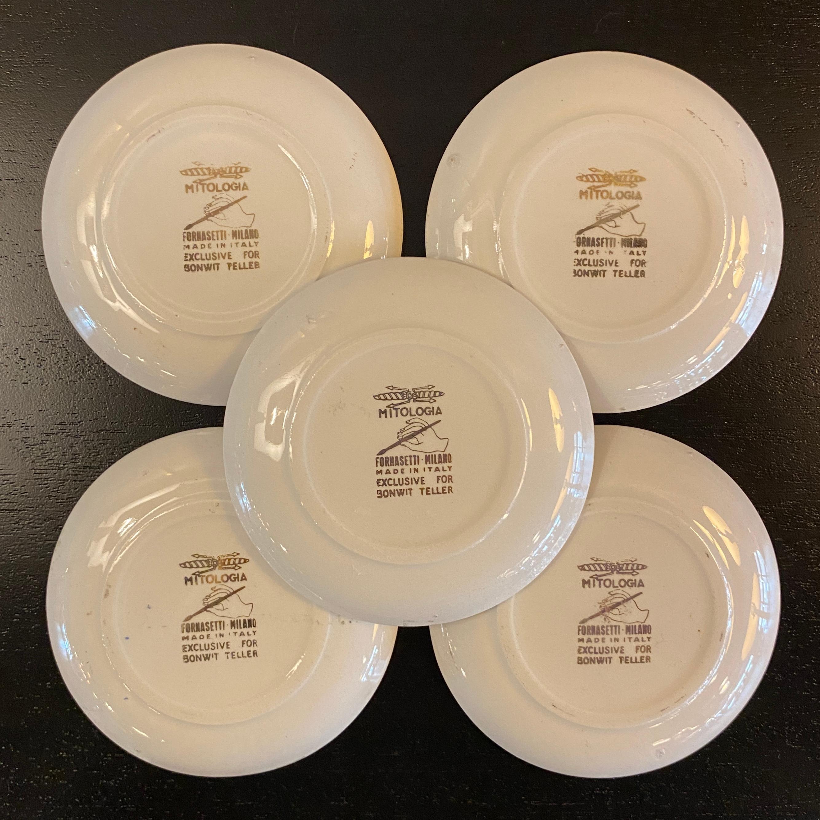 Set of 5 Piero Fornasetti Mitologia Gilt Porcelain Plates, Italy For Sale 8