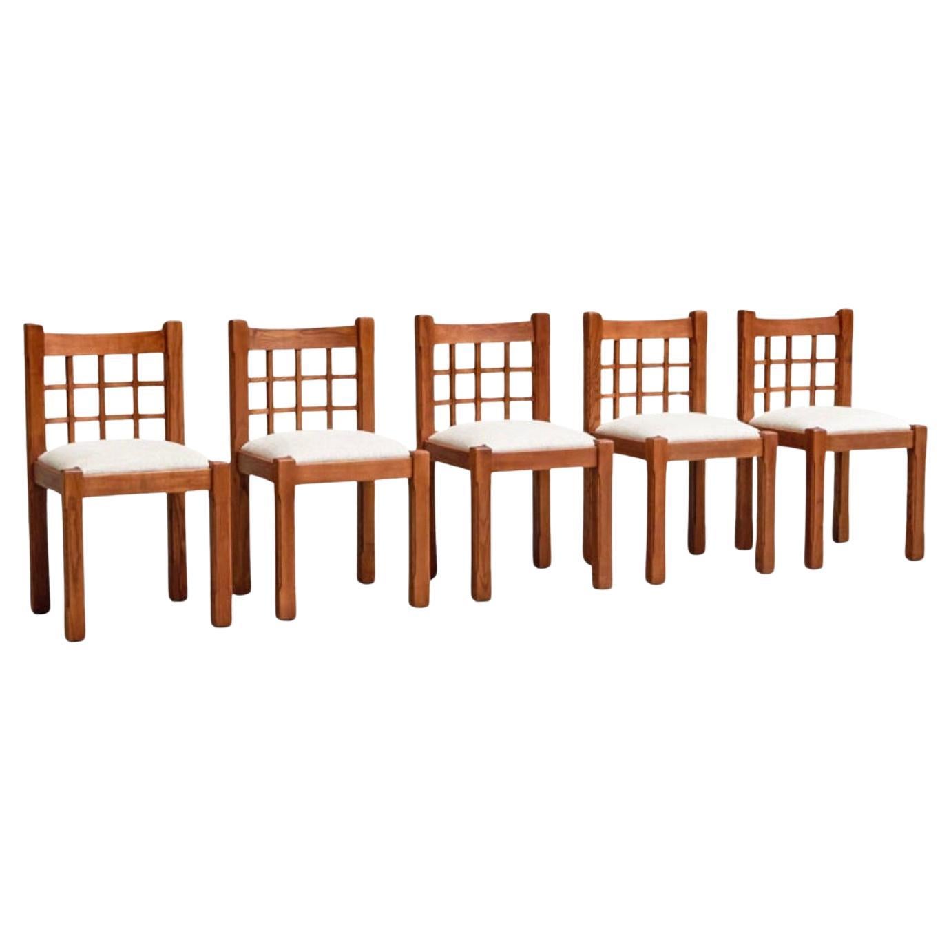 Set of 5 Pierre Chapo Style Chairs in Solid Elm France 1970s