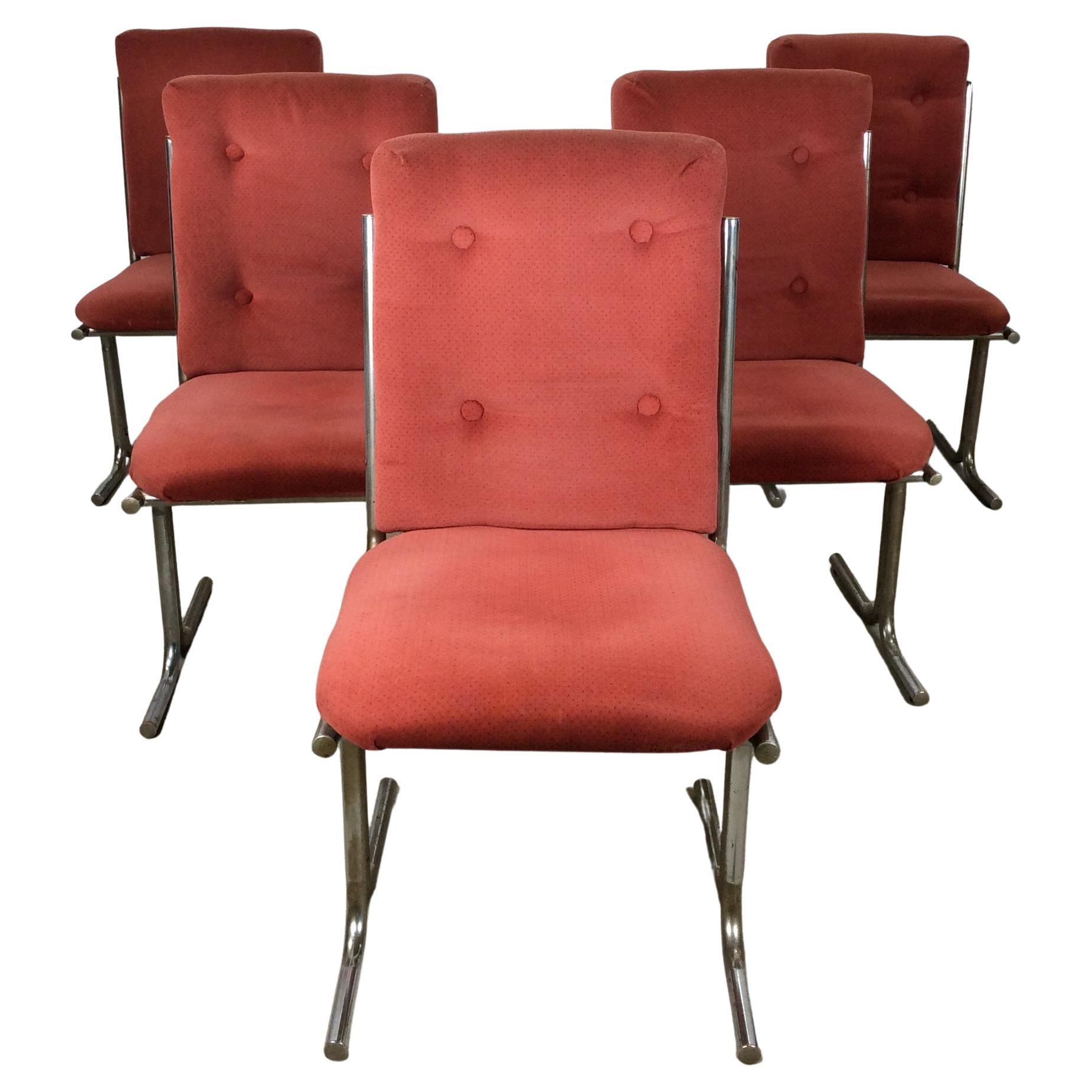 Set of 5 Postmodern Pink Upholstered Dining Chairs with Cantilever Base For Sale