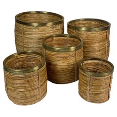 Set of 5 rattan pencil reed and brass plant holder baskets, Italy 1970s
