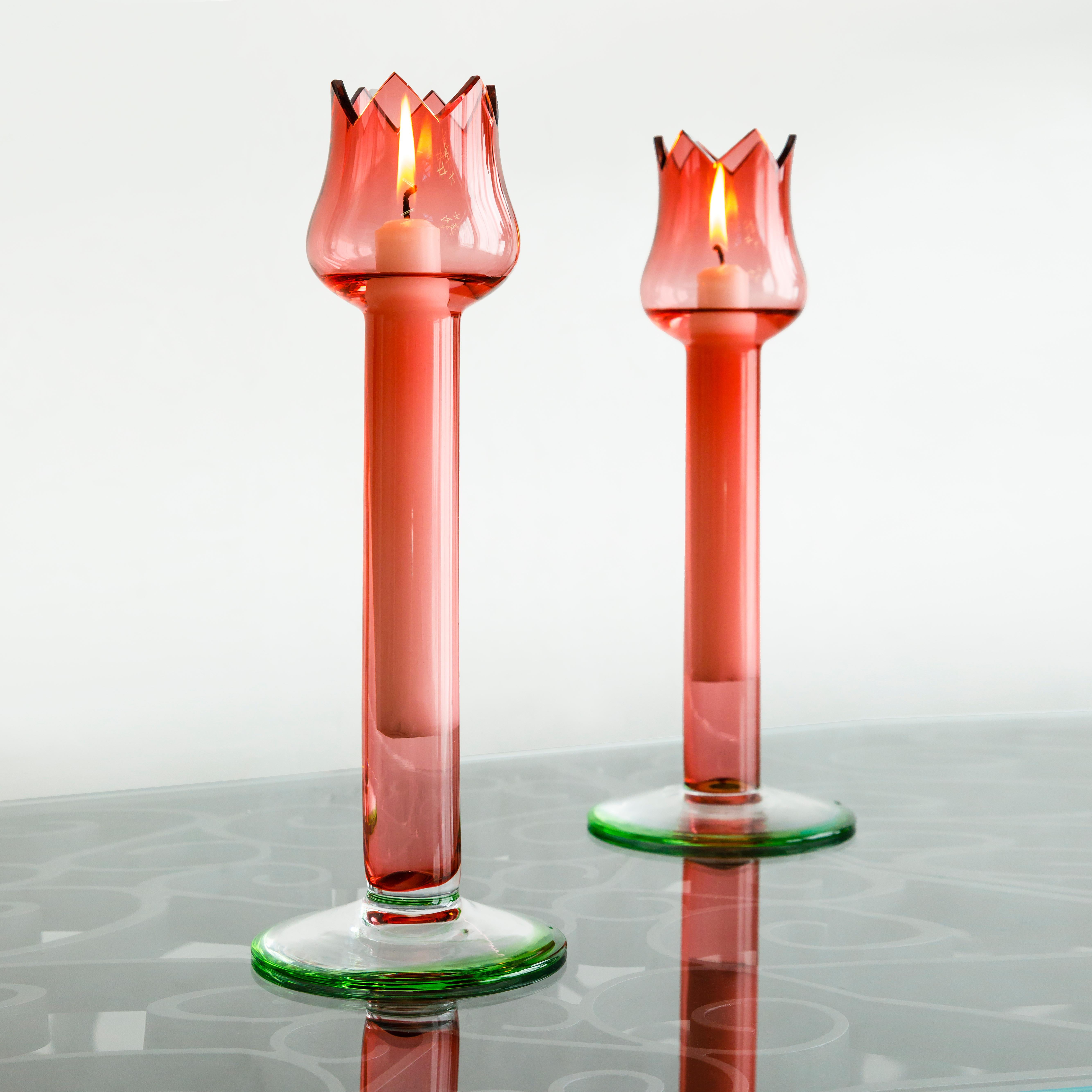 Set of 5 Red Tulip Glass Candleholders by Oscar Tusquets for Bd Barcelona 1