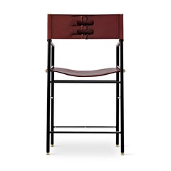 Set of 5 Director's Barstool w. Backrest Cognac Leather & Black Rubber Metal