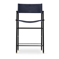 Set of 5 Classic Bar Stool w. Backrest Navy Blue Leather & Black Rubber Metal