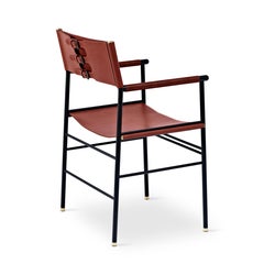 Set of 5 Handcraft Contemporary Armchair Cognac Leather & Black Rubber Metal