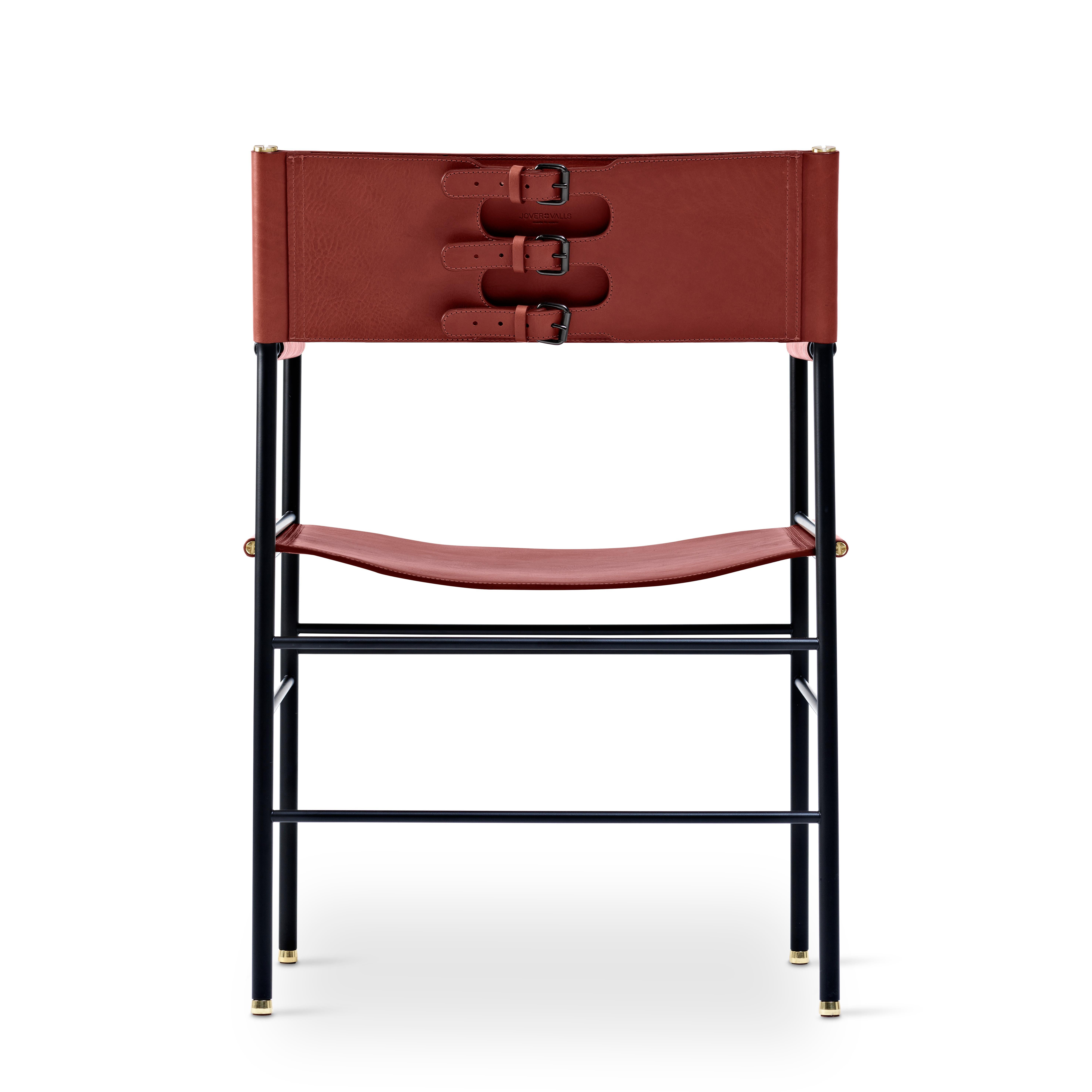 Powder-Coated Set of 5 Handcraft Contemporary Armchair Cognac Leather & Black Rubber Metal For Sale