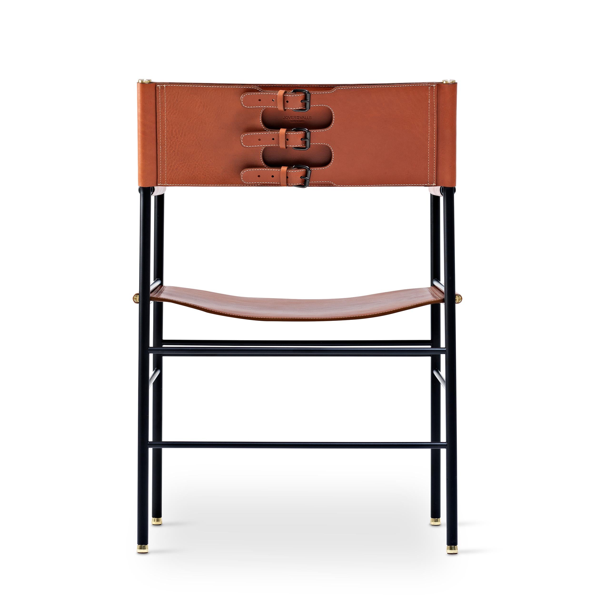 Spanish Set of 5 Artisanal Contemporary Chair Natural Tan Leather & Black Rubber Metal For Sale