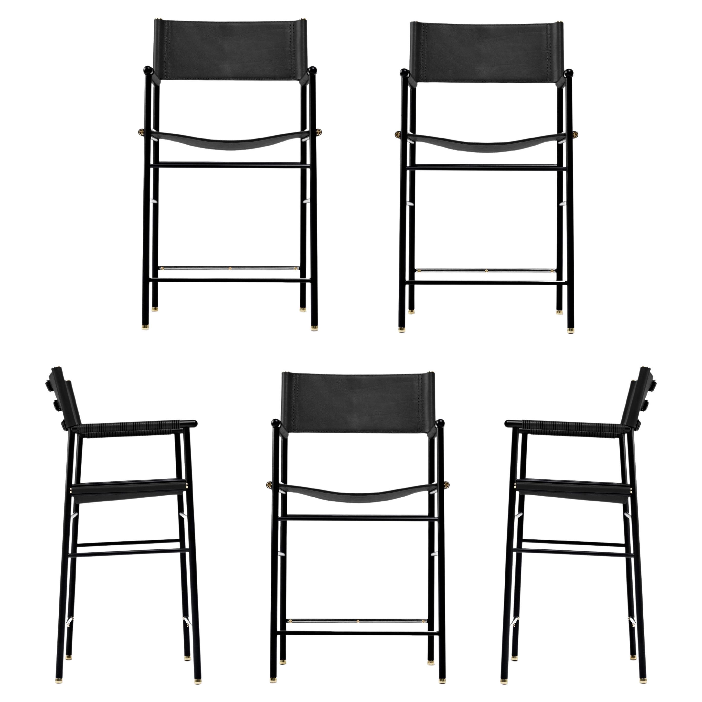 Set of 5 Classic Counter Stool w. Backrest Black Leather & Black Rubber Metal For Sale