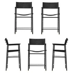 Set of 5 Classic Counter Stool w. Backrest Black Leather & Black Rubber Metal