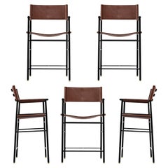 Set of 5 Counter Stool w. Backrest Dark Brown Leather & Black Rubber Metal