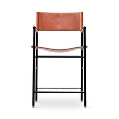 Set of 5 Counter Bar Stool W Backrest Natural Tan Leather & Black Rubbered Metal
