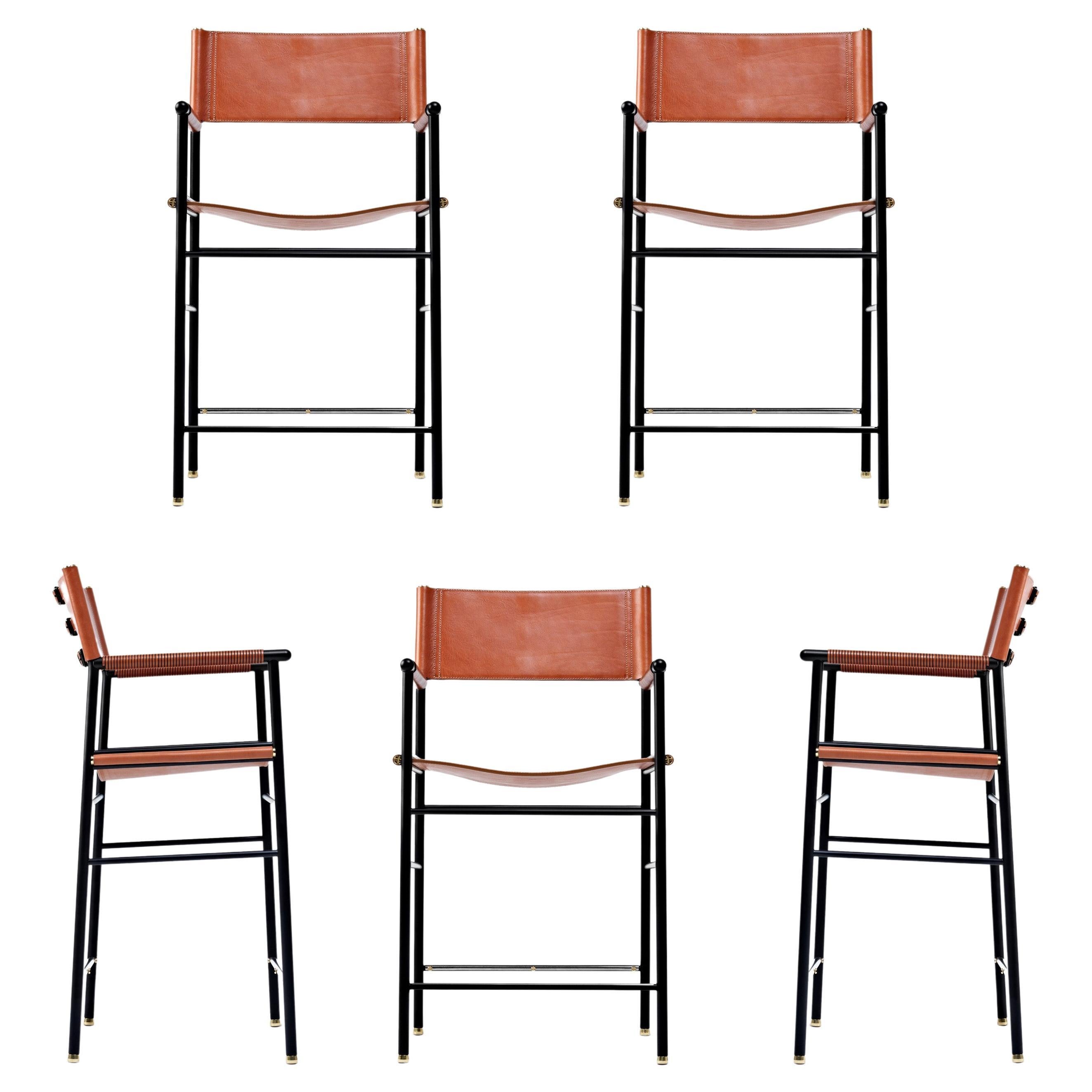 Set of 5 Counter Bar Stool W Backrest Natural Tan Leather and Black  Rubbered Metal For Sale at 1stDibs