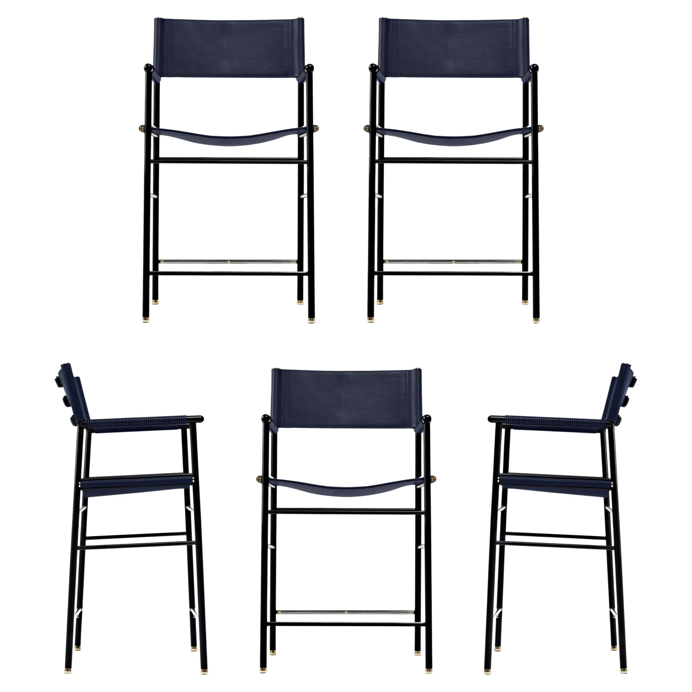 Set of 5 Classic Counter Stool w Backrest Navy Blue Leather & Black Rubber Metal For Sale