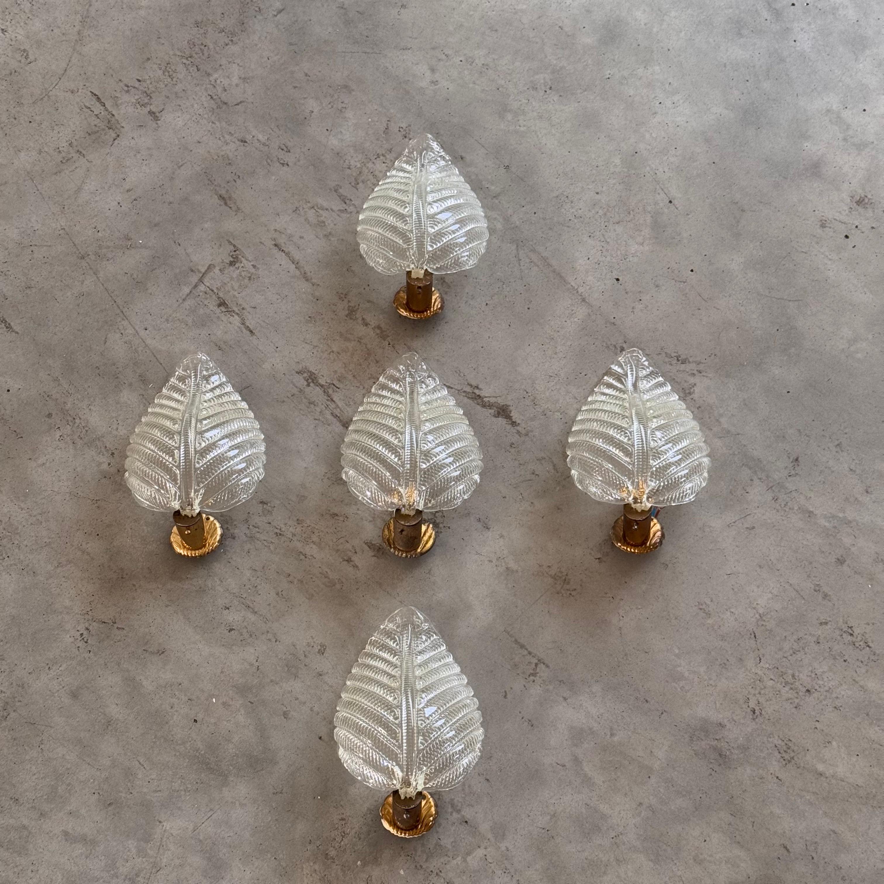 A refined set of five wall sconces produced by Barovier & Toso in the 1940s. Each piece features a gently curved, ribbed leaf in pressed glass, with a dew-like surface texture that diffuses the light with subtle brilliance.

Mounted on original