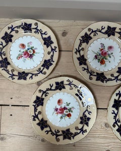 Set of 5 Rockingham Floral Porcelain Dinner Plates Circa 1830s Blue Cream Red
