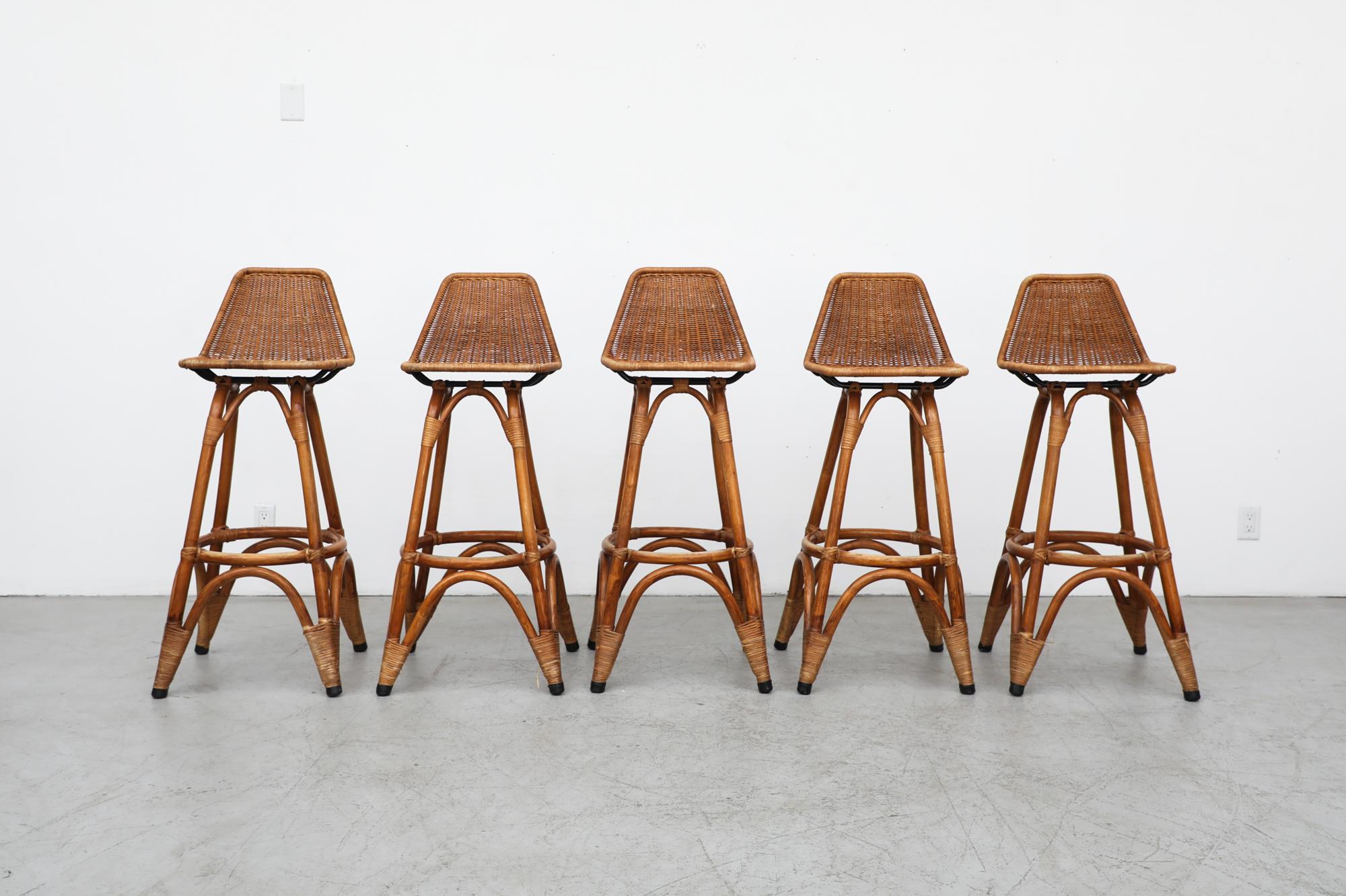 Set of 5 tall Rohe Noordwolde midcentury bamboo bar stools with rattan seating. Seat height is 35.25
