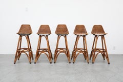 Set of 5 Rohe Noordwolde Rattan and Bamboo Bar Stools