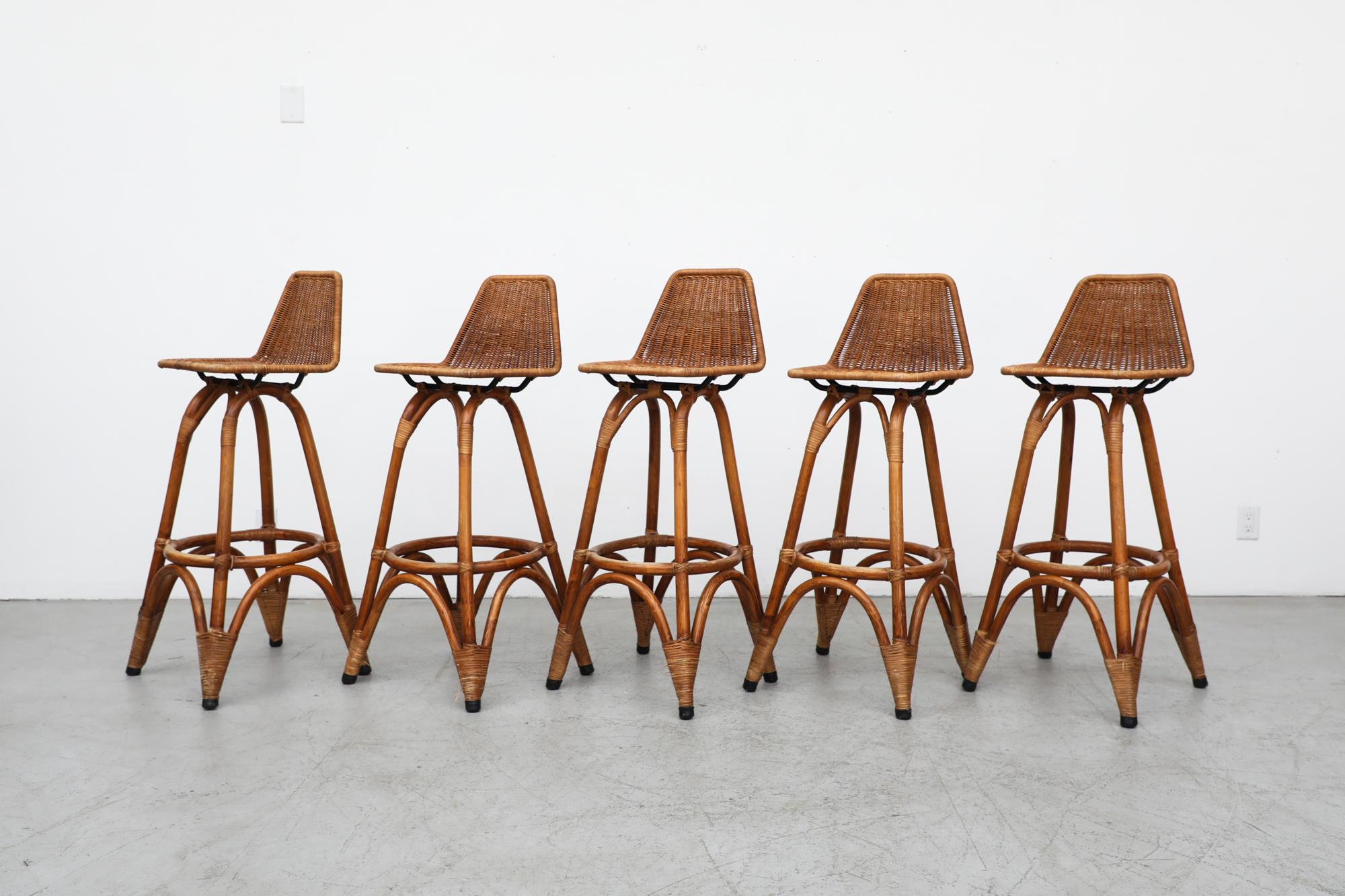 Mid-Century Modern Set of 5 Rohe Noordwolde Rattan and Bamboo Bar Stools