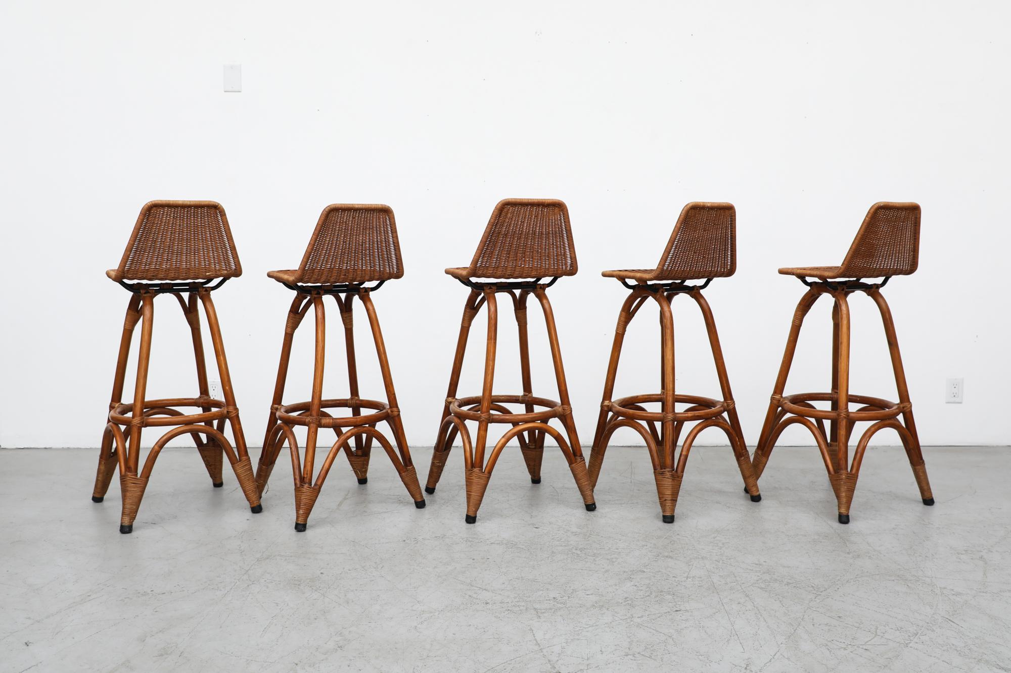 Set of 5 Rohe Noordwolde Rattan and Bamboo Bar Stools In Good Condition In Los Angeles, CA