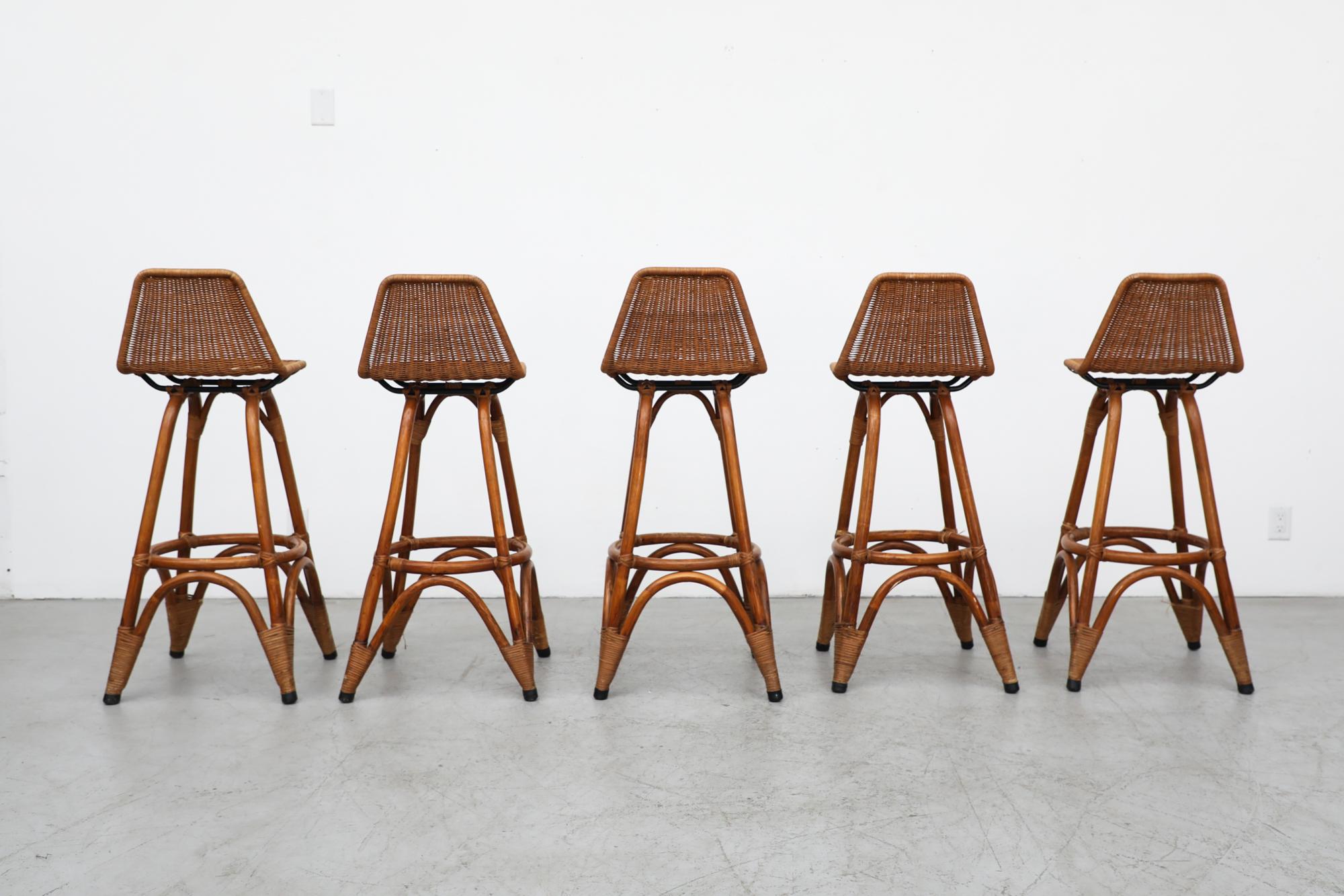 Mid-20th Century Set of 5 Rohe Noordwolde Rattan and Bamboo Bar Stools