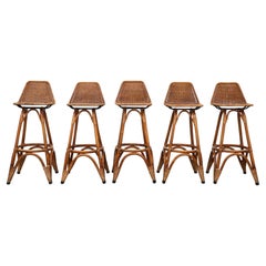 Set of 5 Rohe Noordwolde Rattan and Bamboo Bar Stools