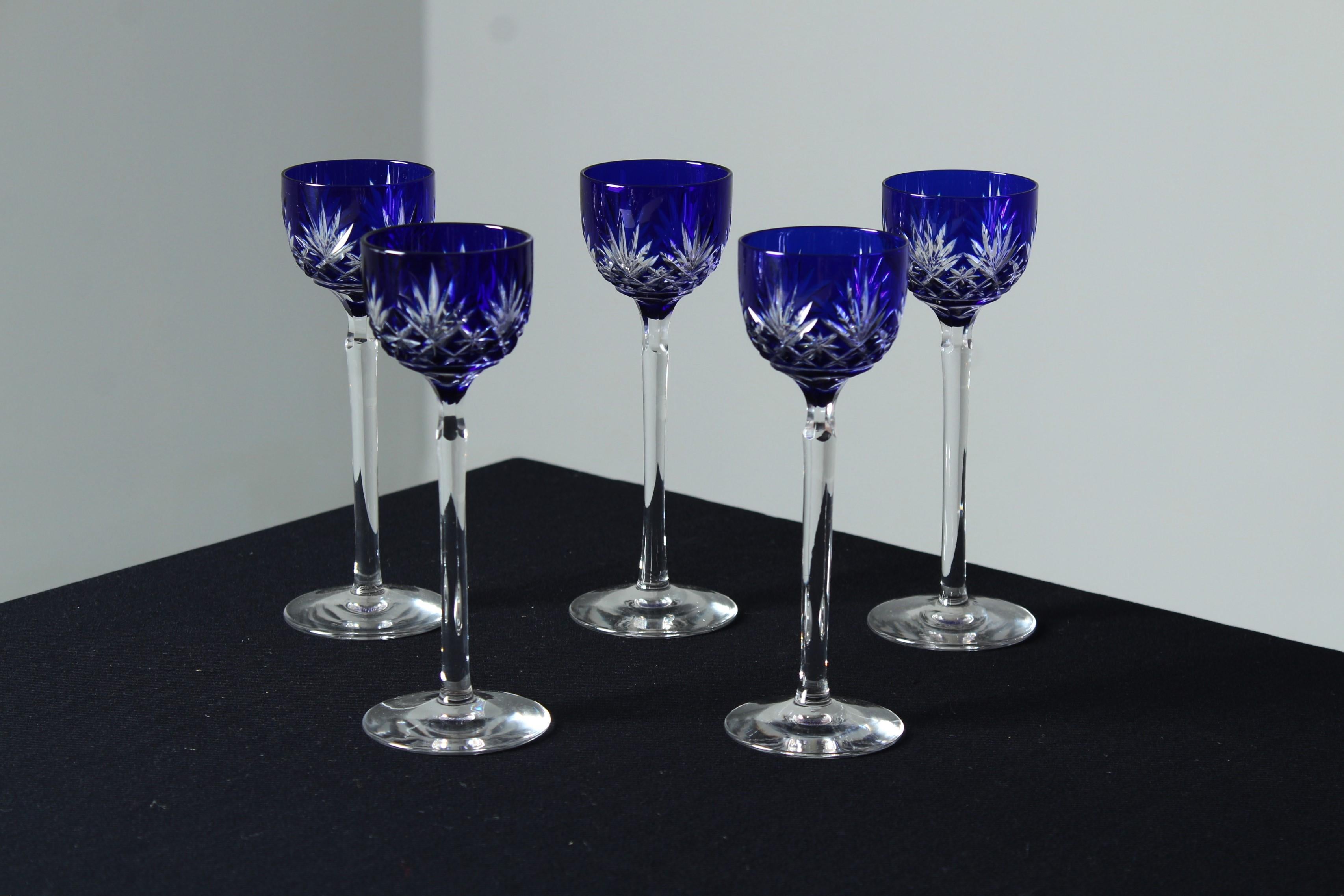 Bohemian Set Of 5 Royal Blue Liqueur Glasses, 1880s, France, Crystal Glass For Sale