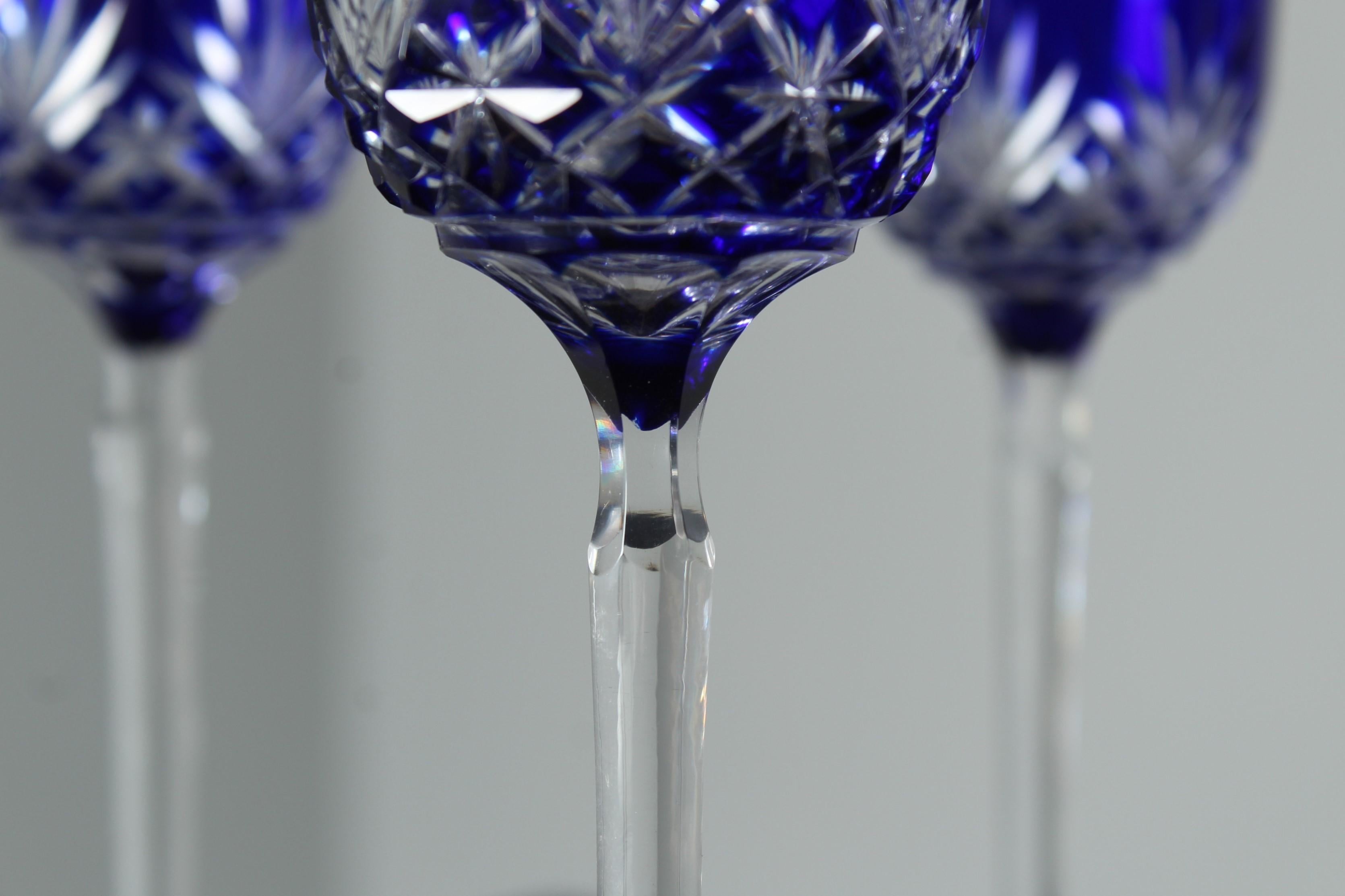 Hand-Carved Set Of 5 Royal Blue Liqueur Glasses, 1880s, France, Crystal Glass For Sale