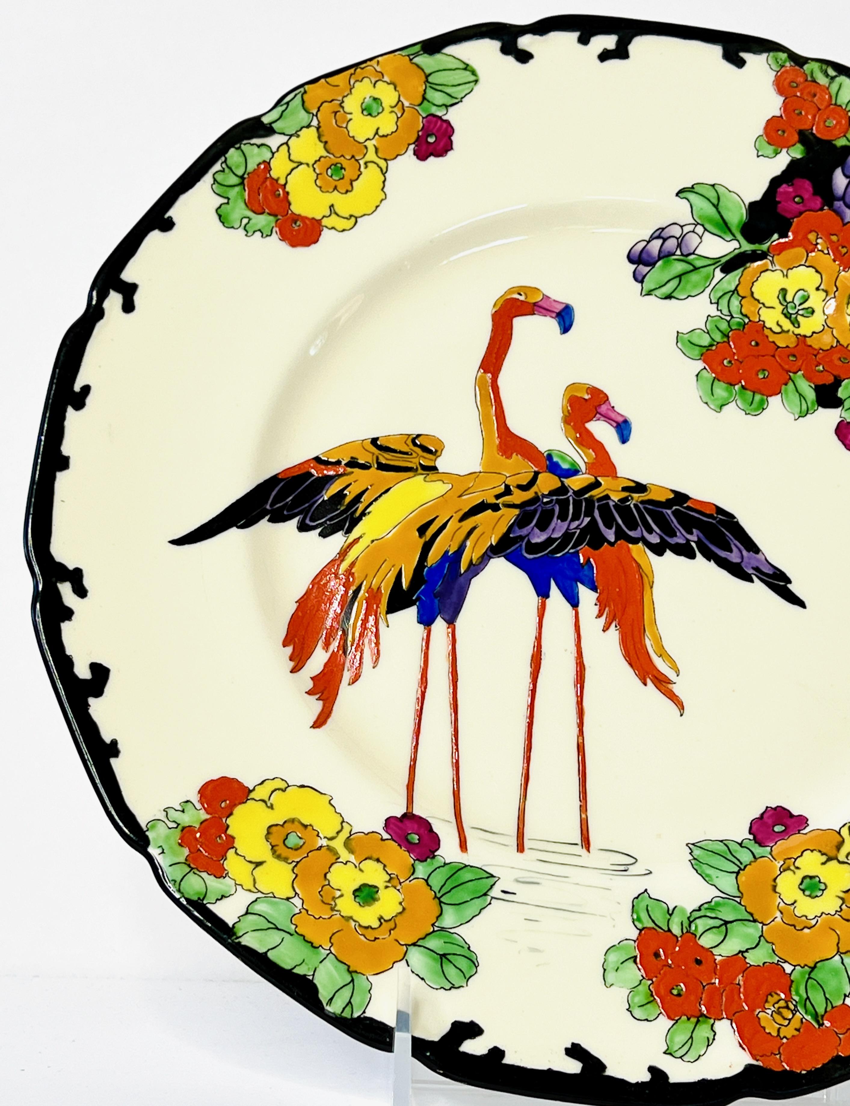 Designed by the iconic Robert Allen, head of the decorating department at Royal Doulton, this is a rare pattern and this set consists of 5 Flamingo dessert/side plates. The black enamel border frames the bright, vibrant hand painted polychrome