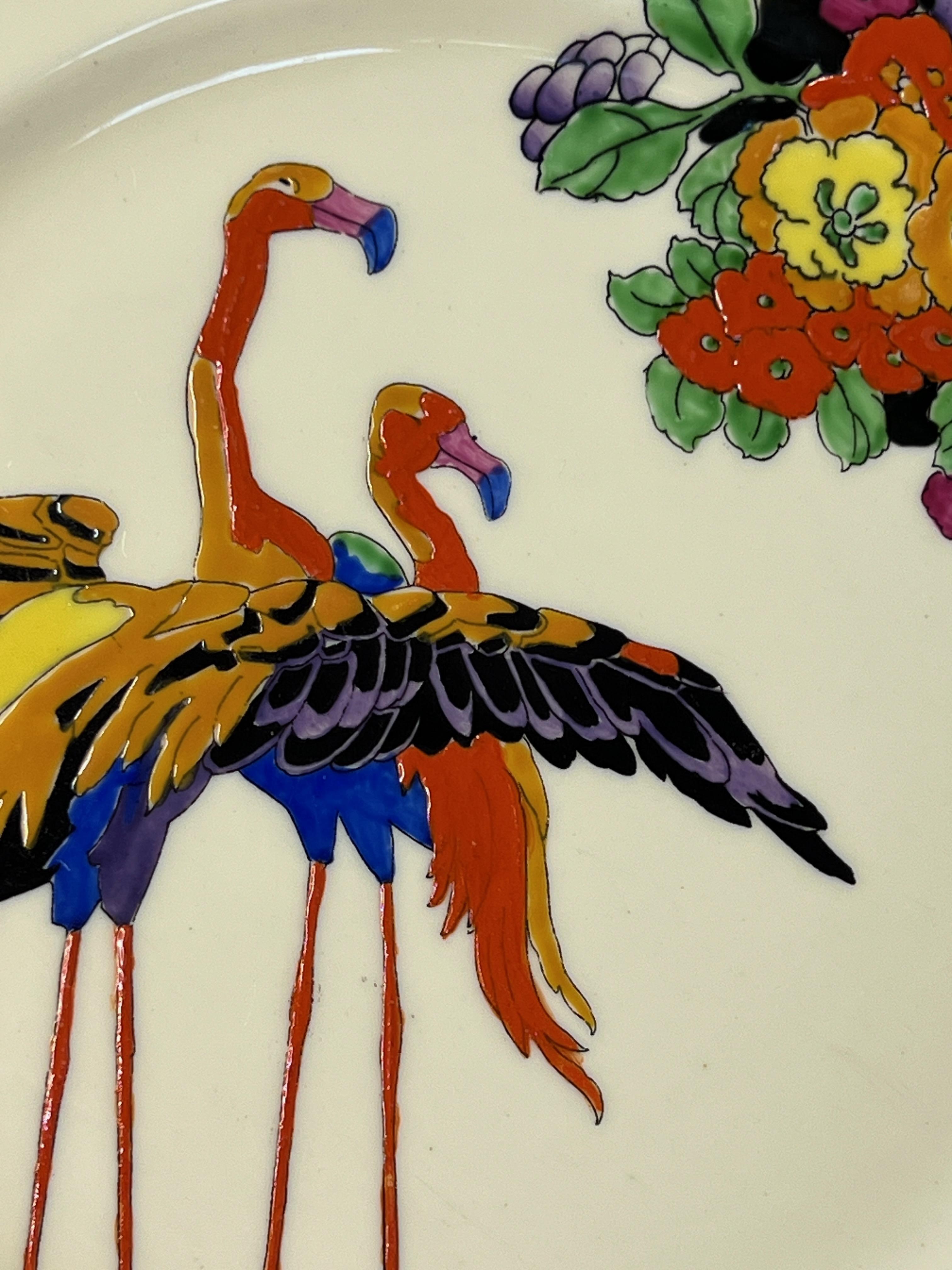 Enameled Set of 5 Royal Doulton Vibrant Enamel Art Deco Flamingo Dessert/Side Plates For Sale