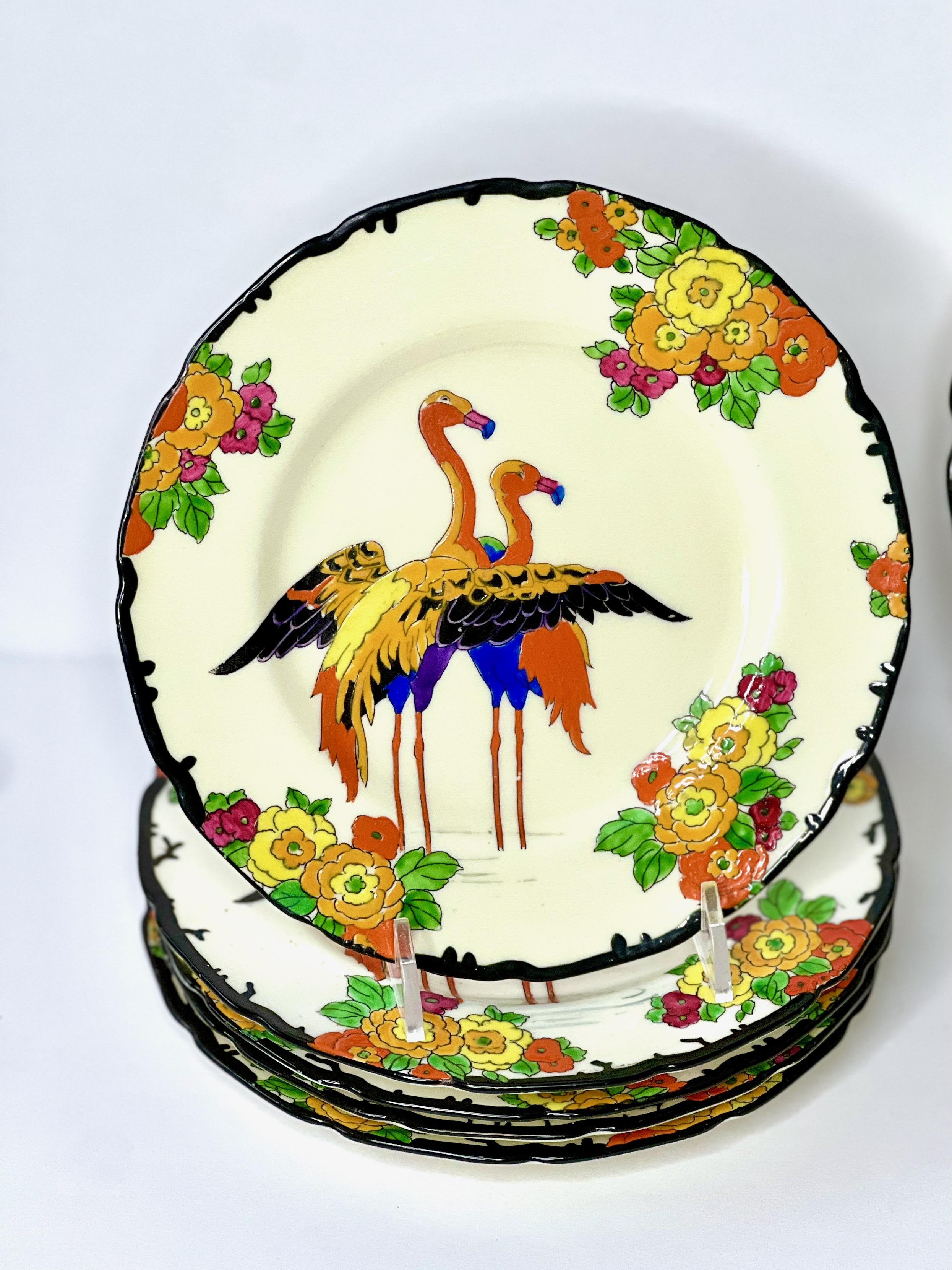 Set of 5 Royal Doulton Vibrant Enamel Art Deco Flamingo Dessert/Side Plates In Good Condition For Sale In Great Barrington, MA