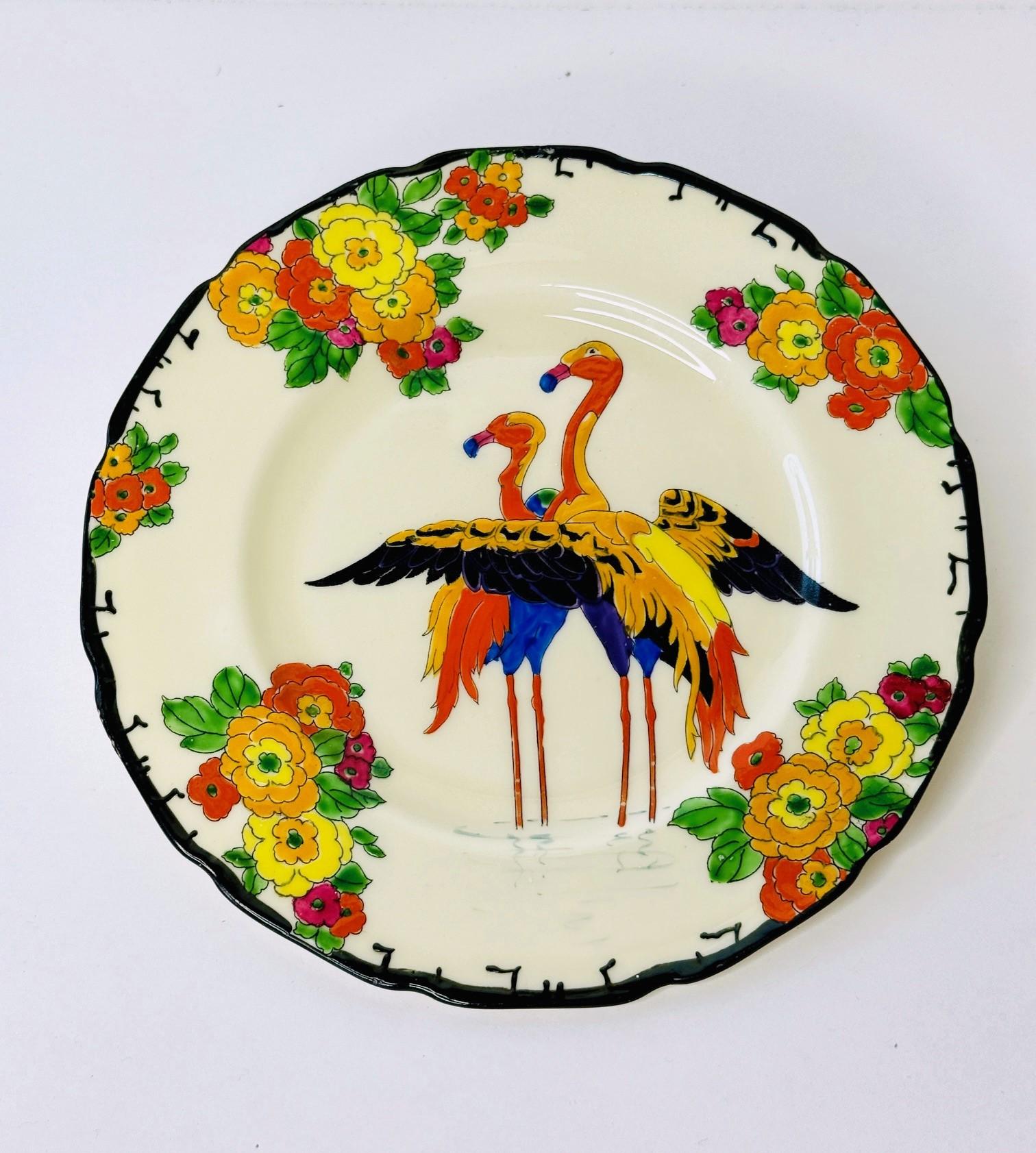 Early 20th Century Set of 5 Royal Doulton Vibrant Enamel Art Deco Flamingo Dessert/Side Plates For Sale