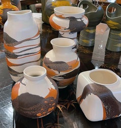 Set of 5 Royal Haeger Pottery Vases w Brown & Russet Drip Glaze on Ivory Ground