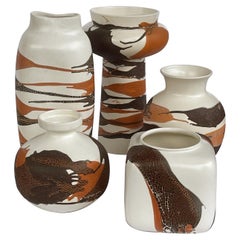 Set of 5 Royal Haeger Pottery Vases w Brown & Russet Drip Glaze on Ivory Ground