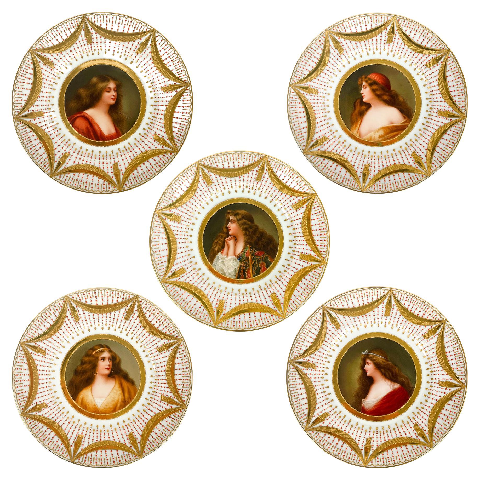Set of 5 Royal Vienna Hand-Painted Jeweled Porcelain Cabinet Plates For Sale