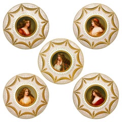 Antique Set of 5 Royal Vienna Hand-Painted Jeweled Porcelain Cabinet Plates