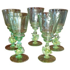 Set of 5 Salviati Venetian Glass Dolphin Large Wine Goblets