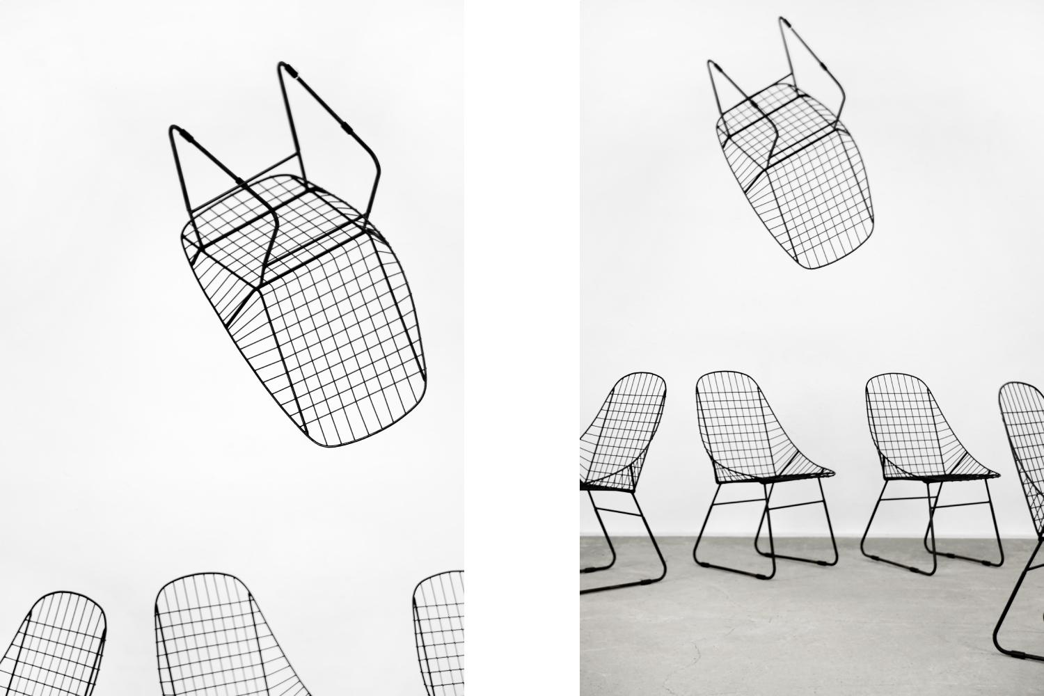 Set von 5 skandinavischen minimalistischen Mid-Century Modern-Stühlen mit schwarzem Draht Prototyp im Angebot 4