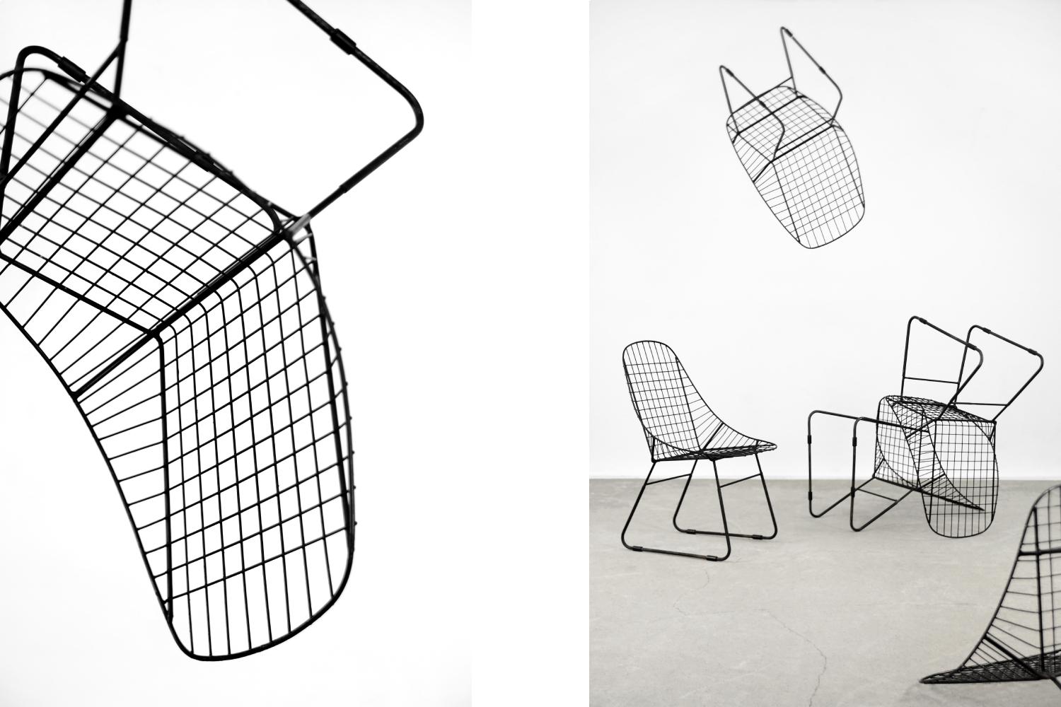 Industriel Prototype de 5 chaises scandinaves minimalistes en fil de fer noir de style moderne du milieu du siècle dernier en vente