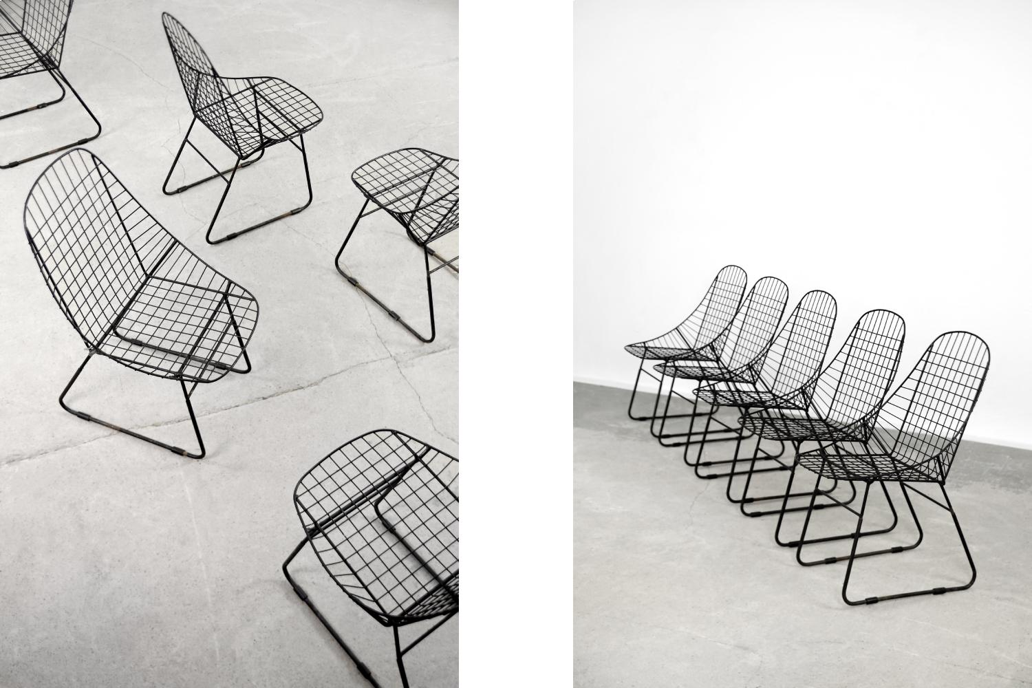 Set von 5 skandinavischen minimalistischen Mid-Century Modern-Stühlen mit schwarzem Draht Prototyp im Zustand „Gut“ im Angebot in Warszawa, Mazowieckie