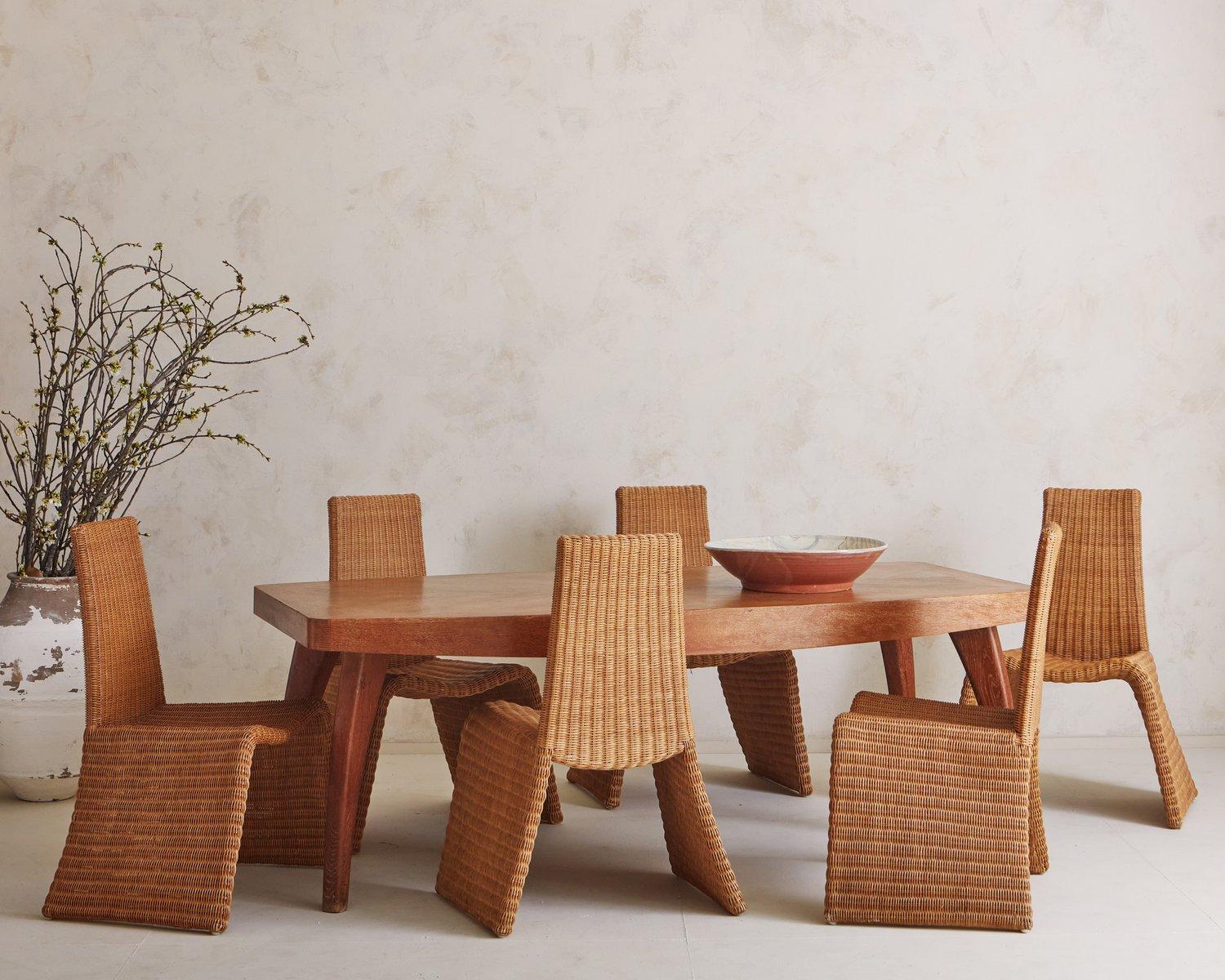 Mid-Century Modern Set of 5 Sculptural Wicker Dining Chairs, Spain 20th Century
