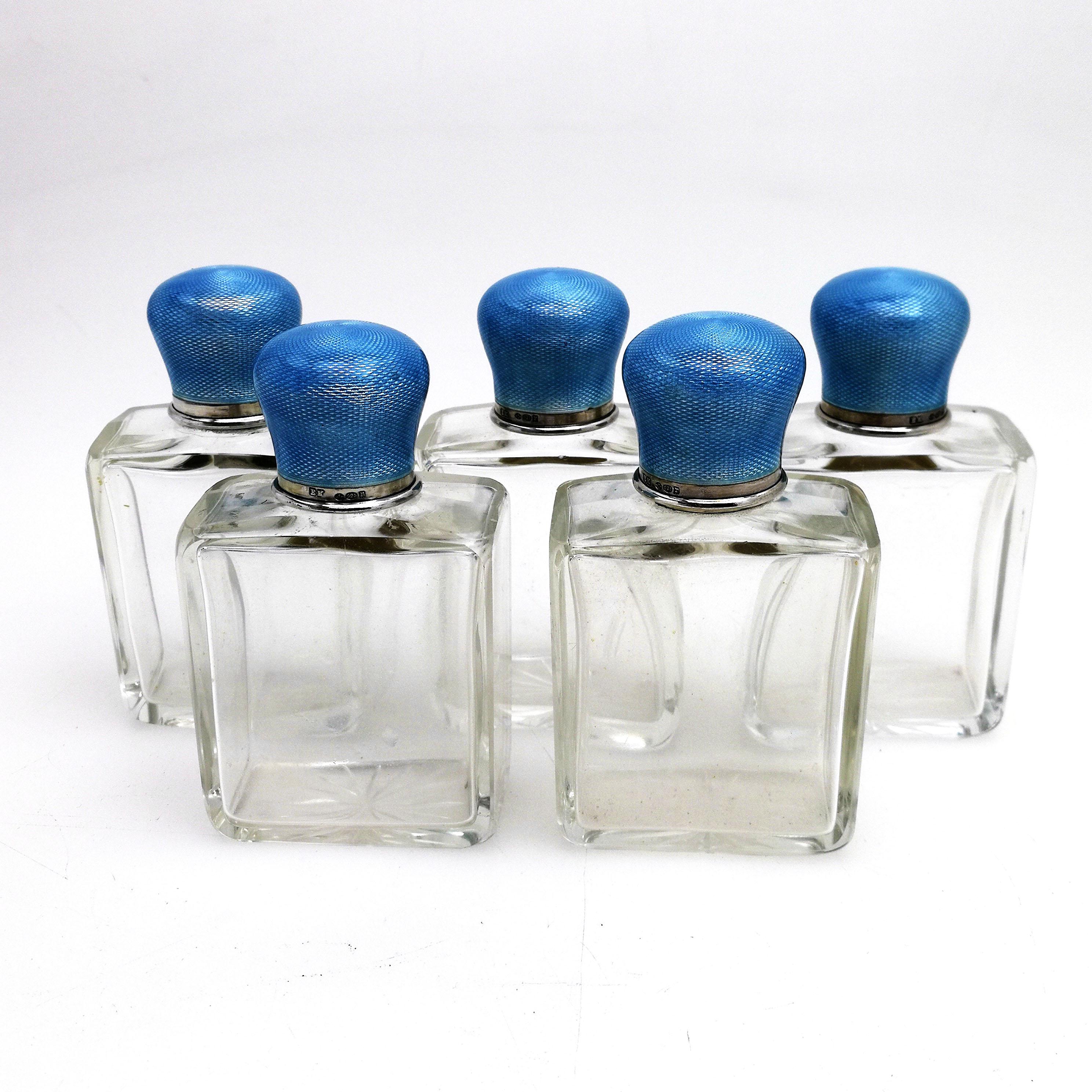 Set of 5 Silver and Enamel Topped Glass Scent Bottles 1912 Perfume / Cosmetics In Good Condition For Sale In London, GB