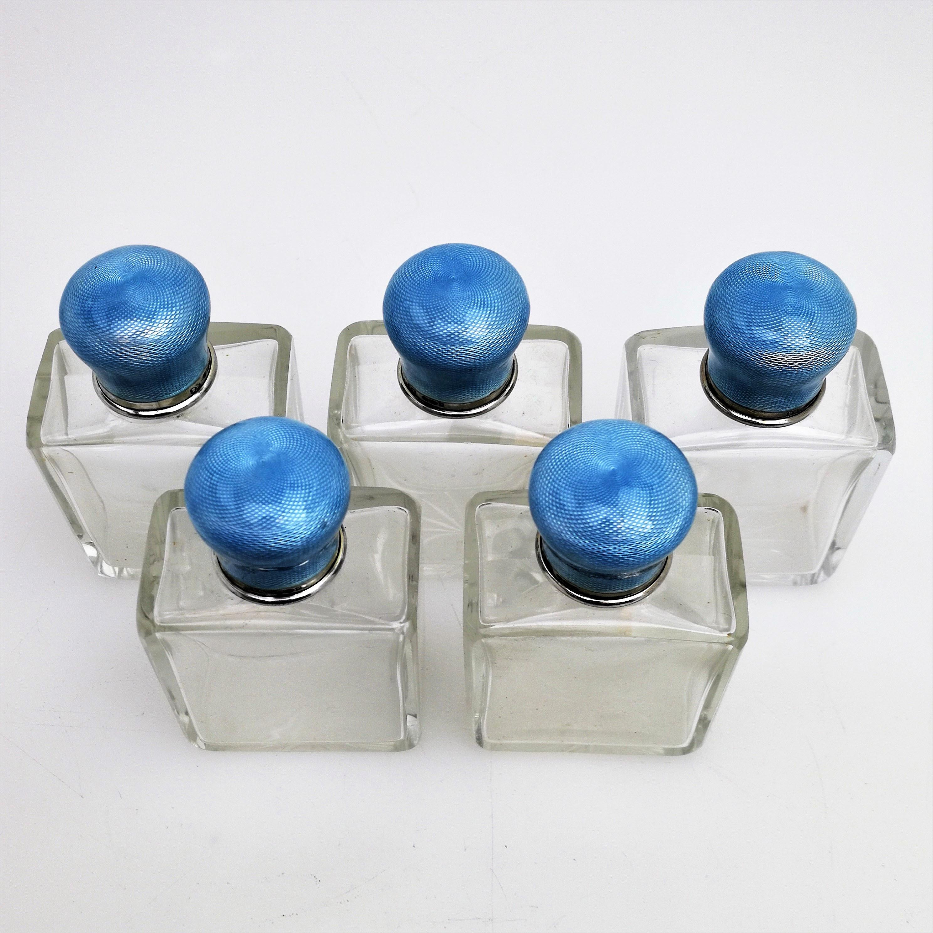 20th Century Set of 5 Silver and Enamel Topped Glass Scent Bottles 1912 Perfume / Cosmetics For Sale